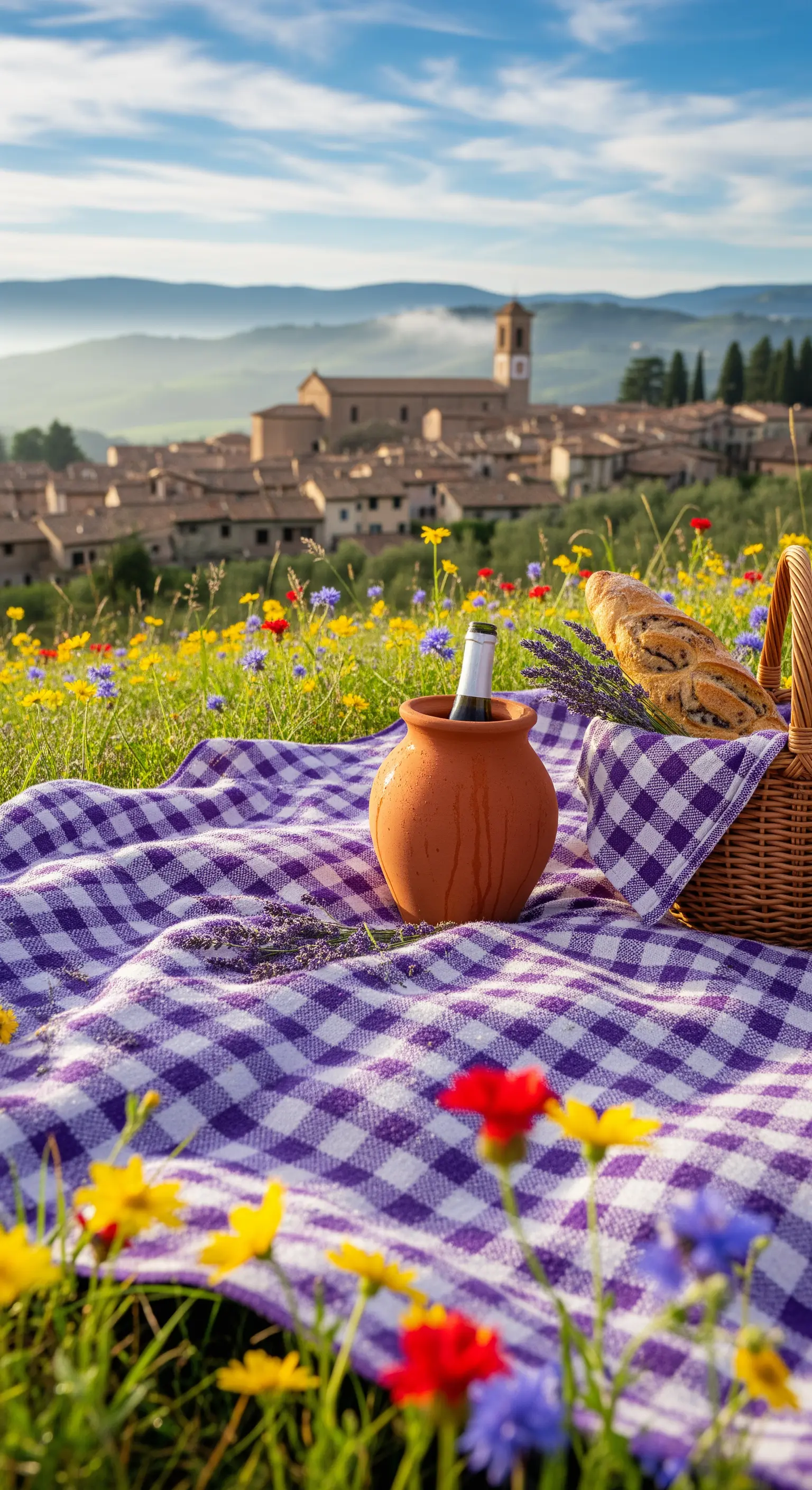Lila-karierte Picknickdecke mit Weidenkorb, Wein und Lavendel auf Blumenwiese
