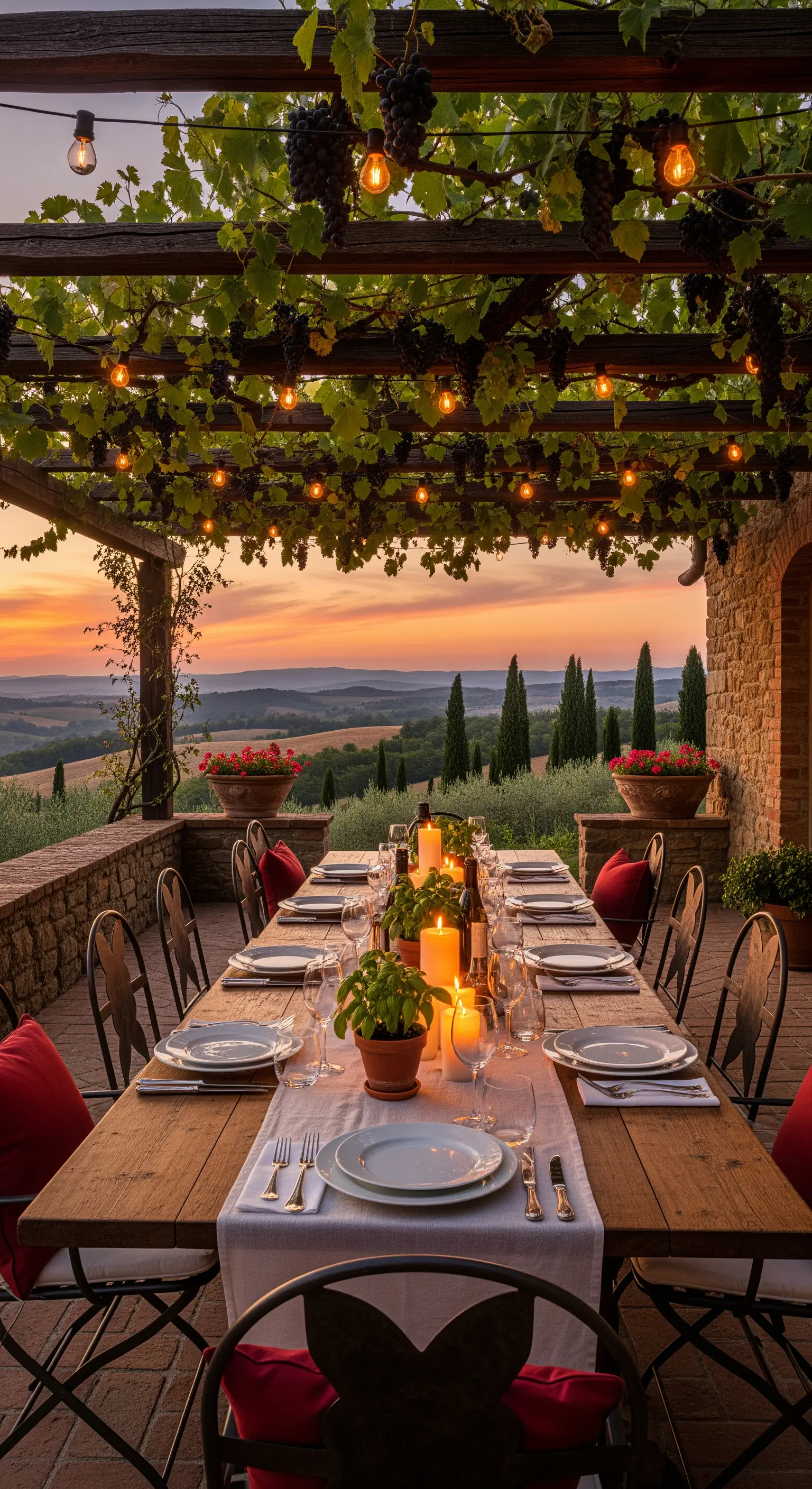 Toskanische Abendtafel unter Weinreben mit Lichterketten und Kerzen