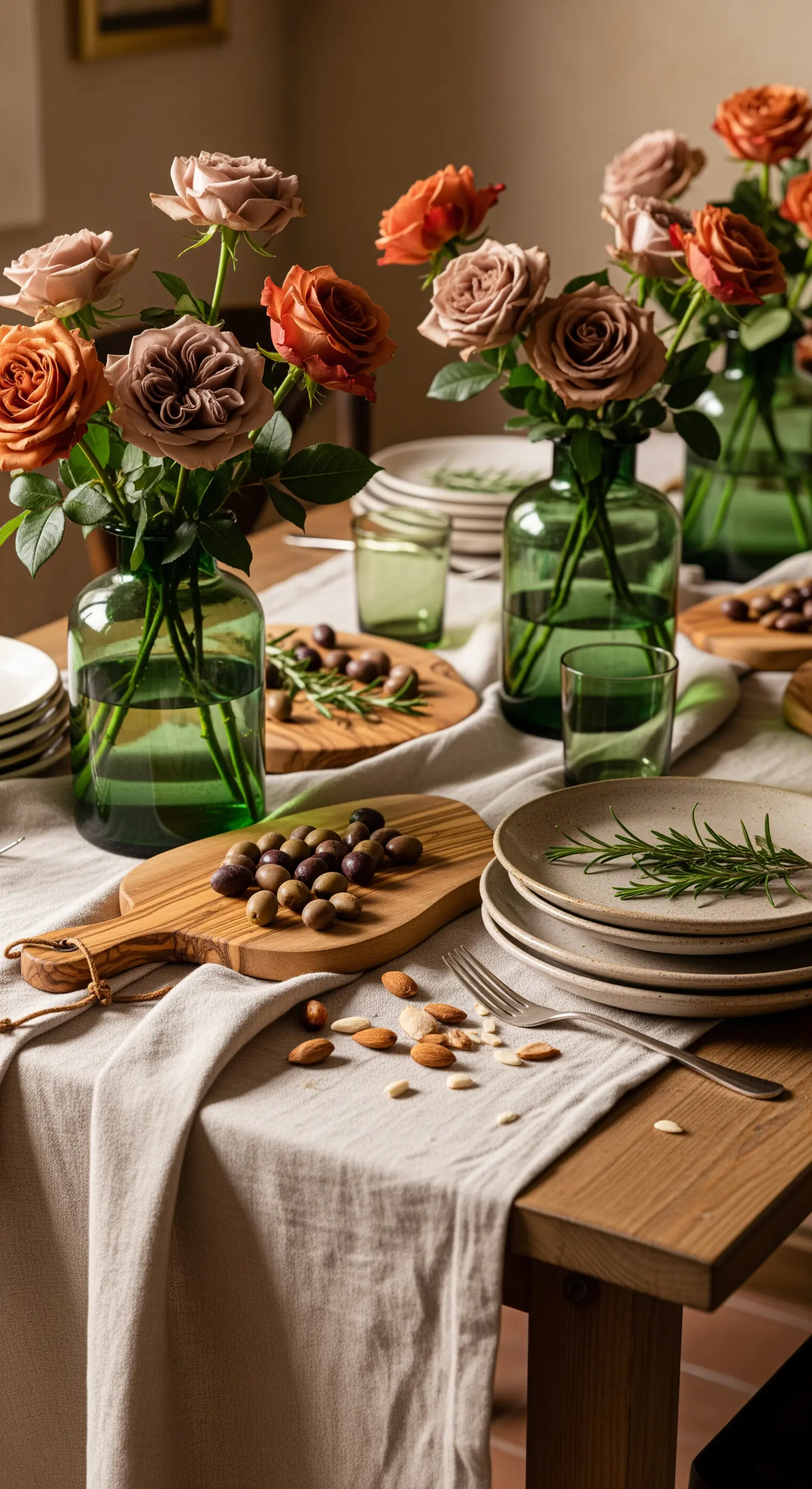 Rustikale Tischdeko mit Rosen in grünen Vasen und Oliven auf Holzbrettern.
