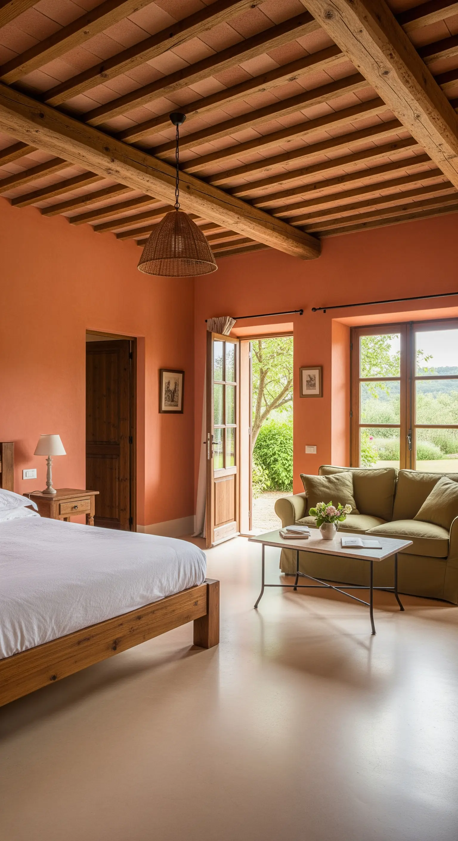 Schlafzimmer im toskanischen Stil mit Terrakotta-Wänden und einem grünen Sofa.