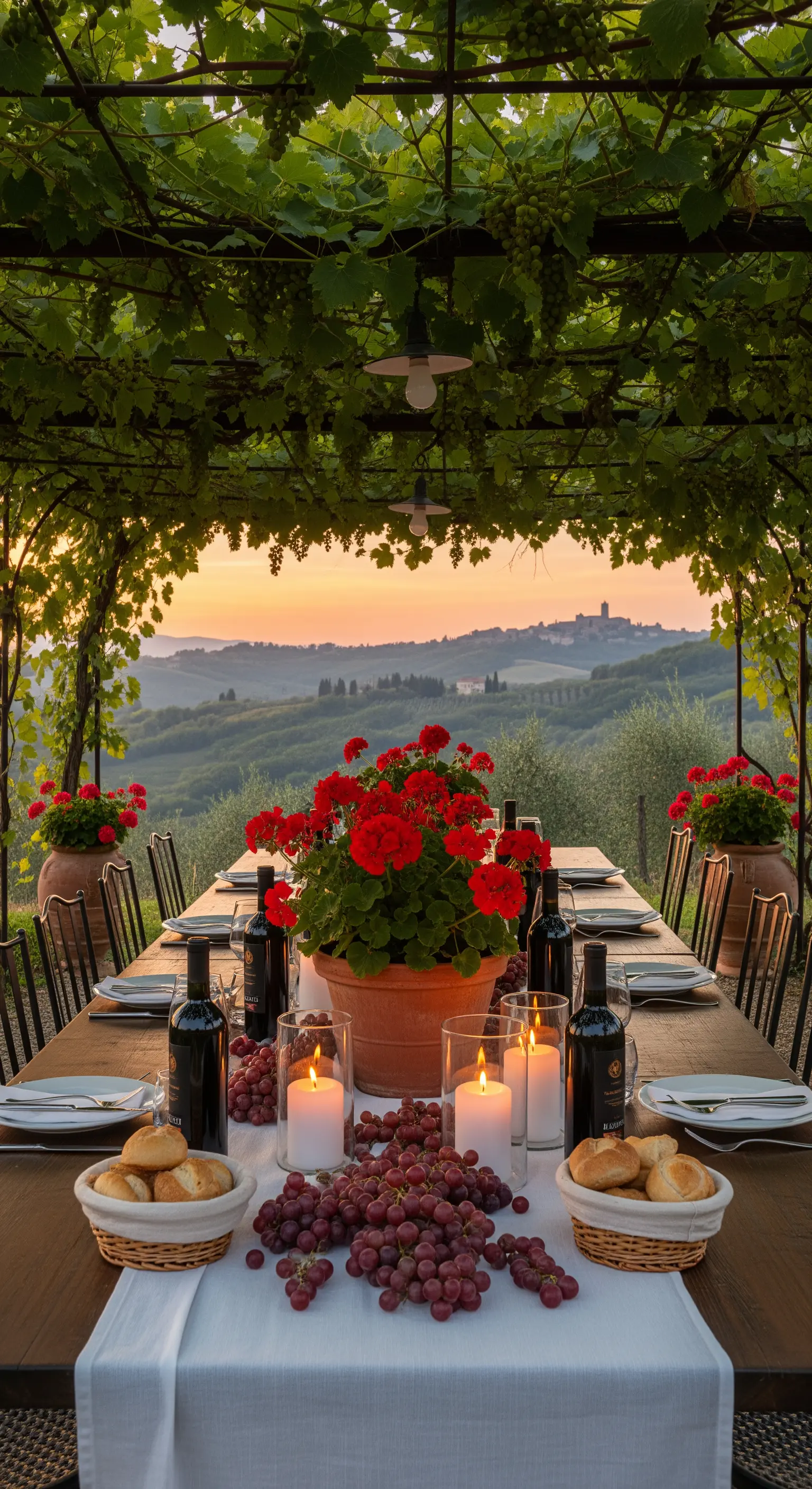 Toskanische Outdoor-Tischdekoration unter Weinreben mit Geranien, Kerzen und Trauben