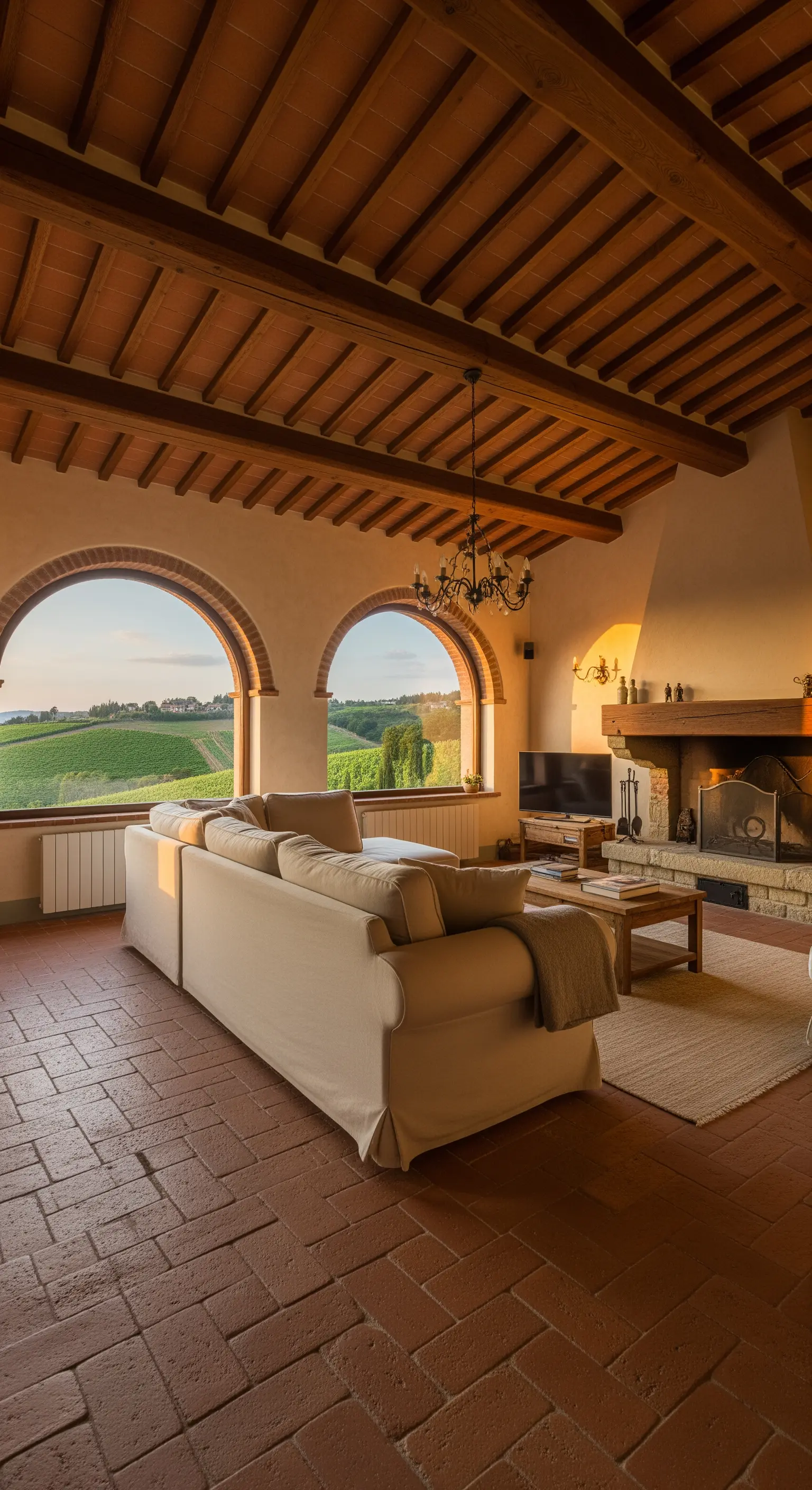 Rustikales Wohnzimmer in der Toskana mit Terrakottaboden, Holzbalkendecke und Bogenfenstern mit Landschaftsblick.