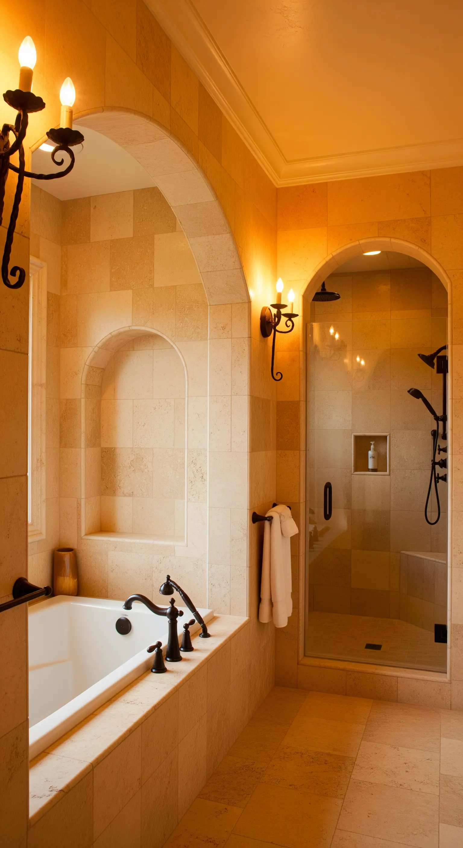 Badezimmer im mediterranen Stil mit beigen Travertinfliesen und schmiedeeisernen Lampen.