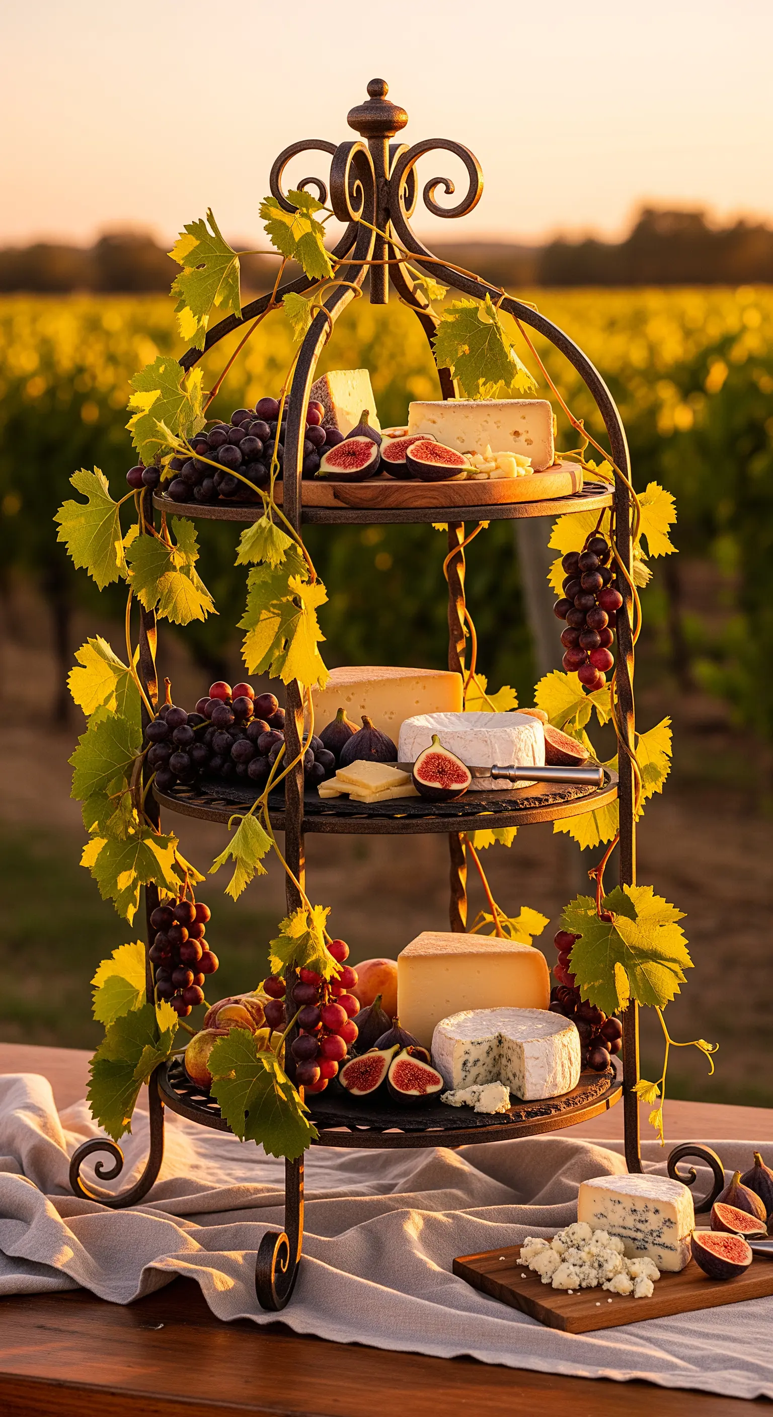 Schmiedeeiserne Etagere mit einer Auswahl an Käse, Feigen und Weintrauben.