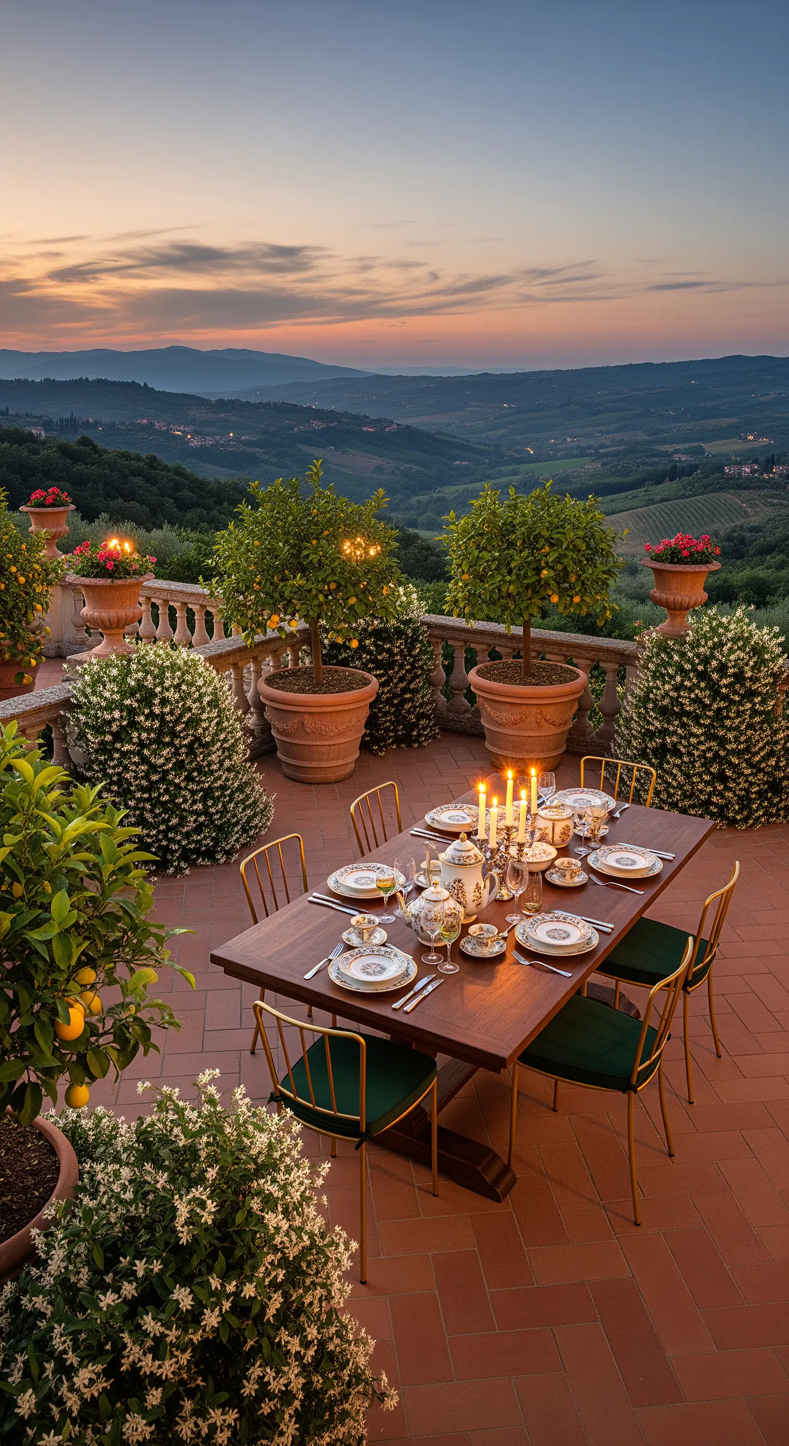 Tafel auf Terrasse mit Hügelblick, Orangenbäumen, Kerzen, floralem Porzellan