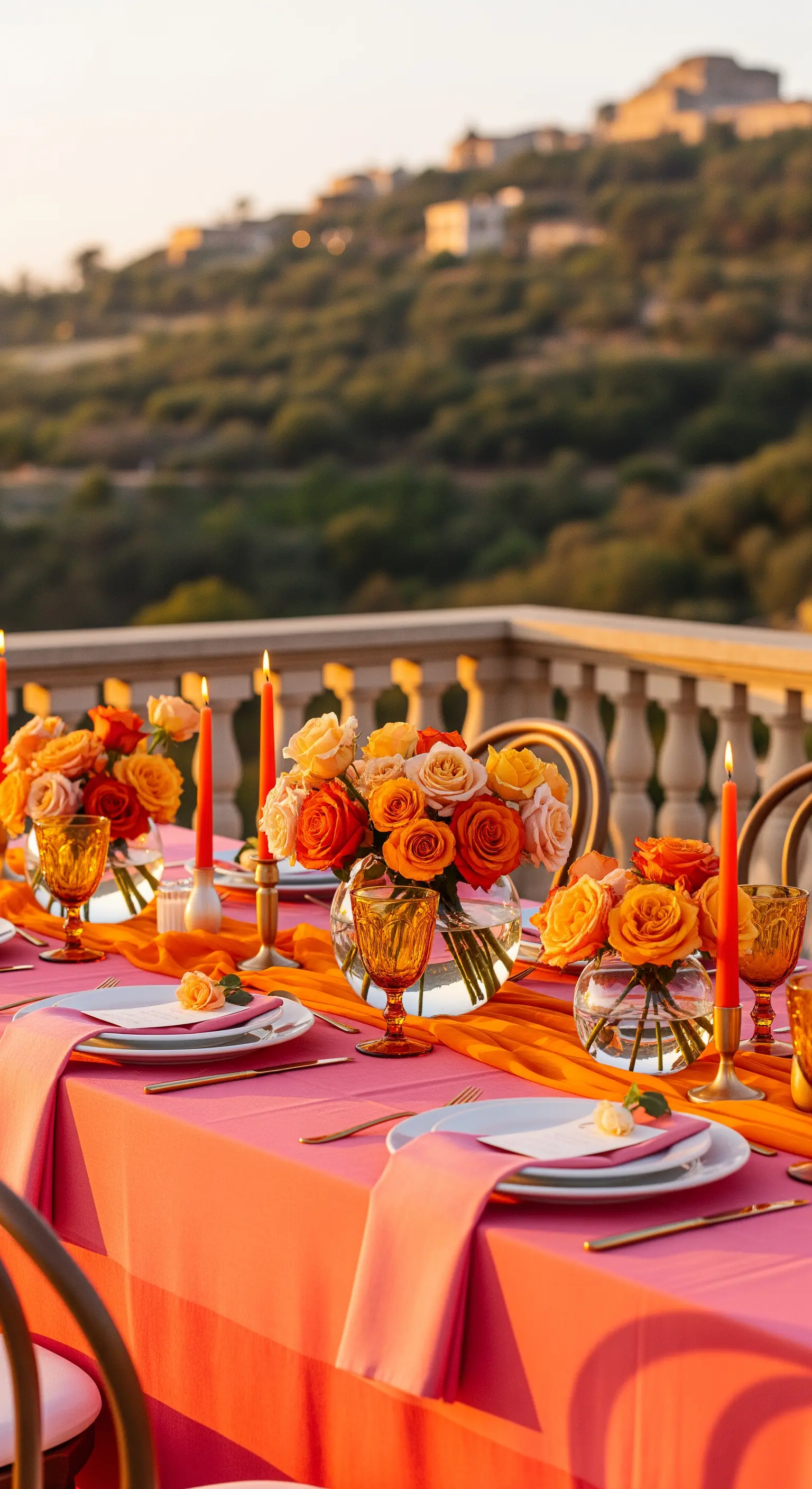Tischdeko in warmen Sonnenuntergangsfarben mit Rosen und goldenen Akzenten.