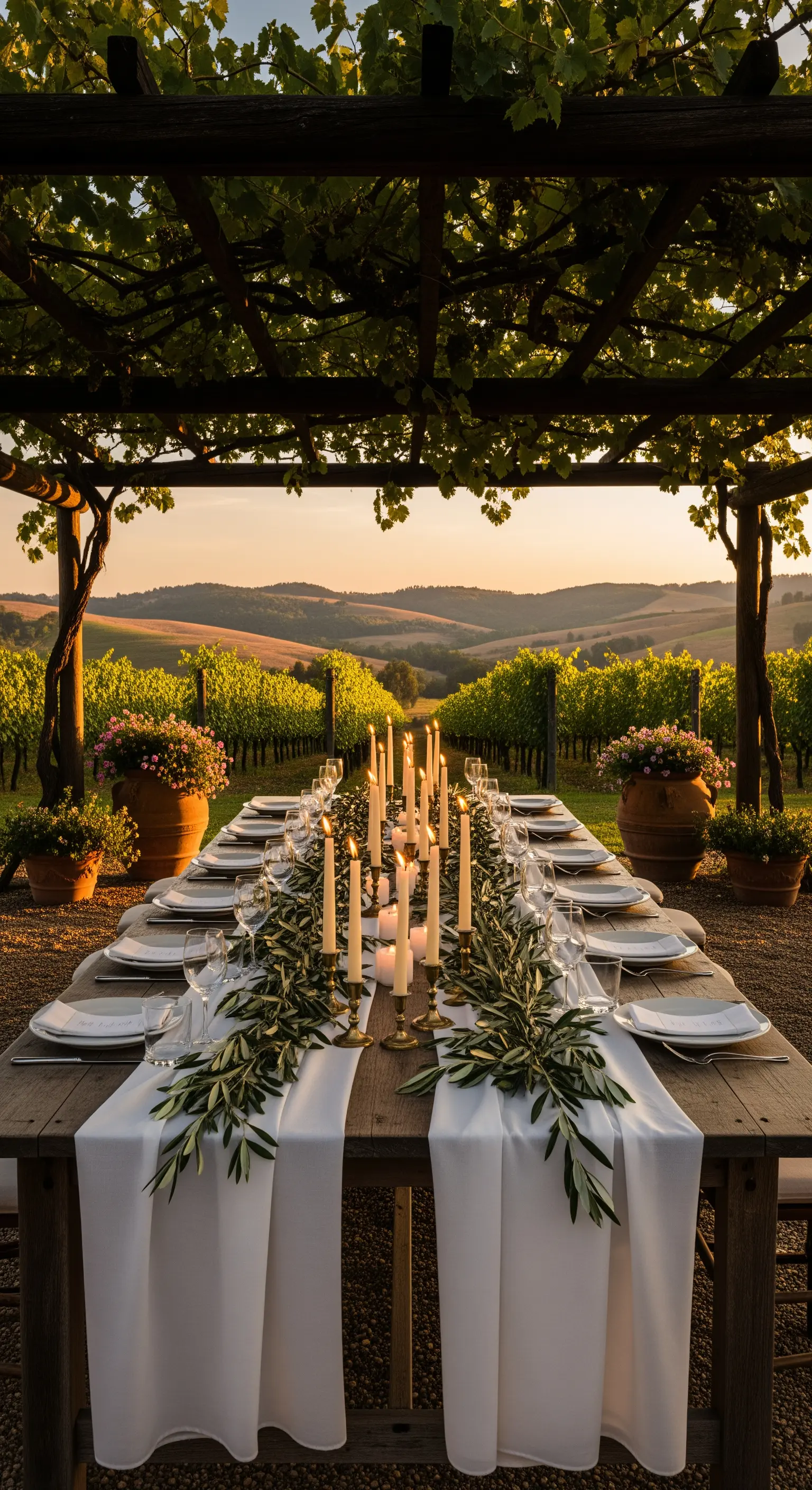 Langer Holztisch mit Olivenzweigen, Kerzenständern und weißem Leinenläufer unter Pergola.
