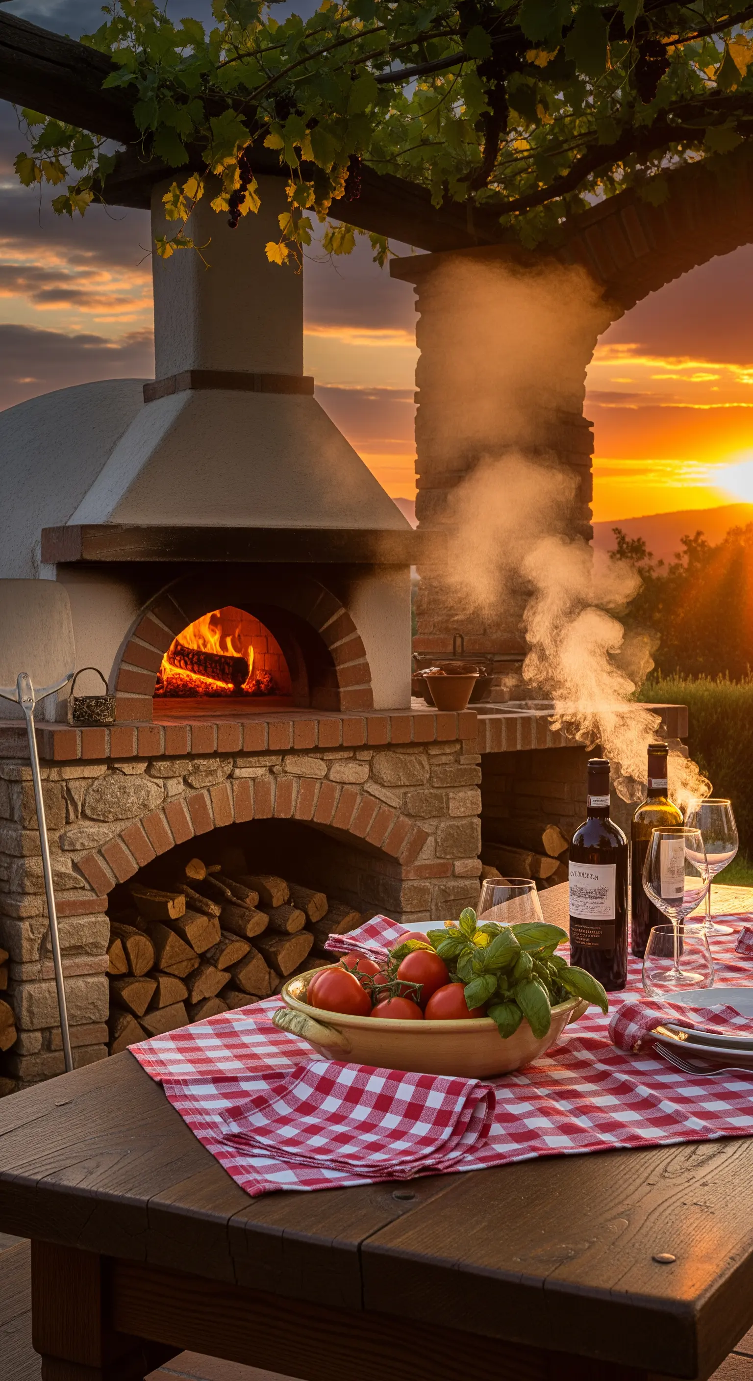 Outdoor-Lehmofen und gedeckter Tisch mit rot-weiß karierter Decke bei Sonnenuntergang