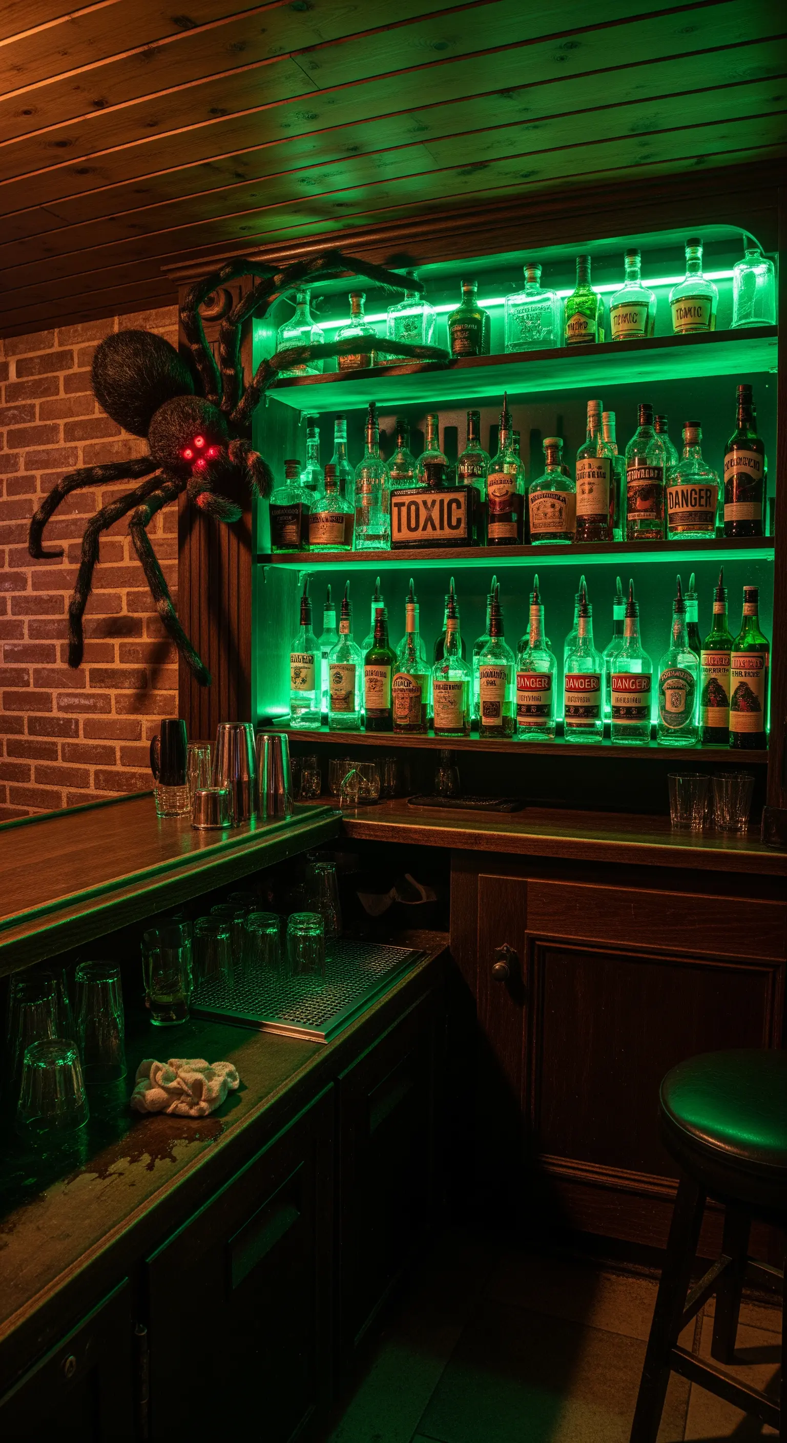 Halloween-Bar mit grünen LED-Lichtern und großer Spinnendekoration.