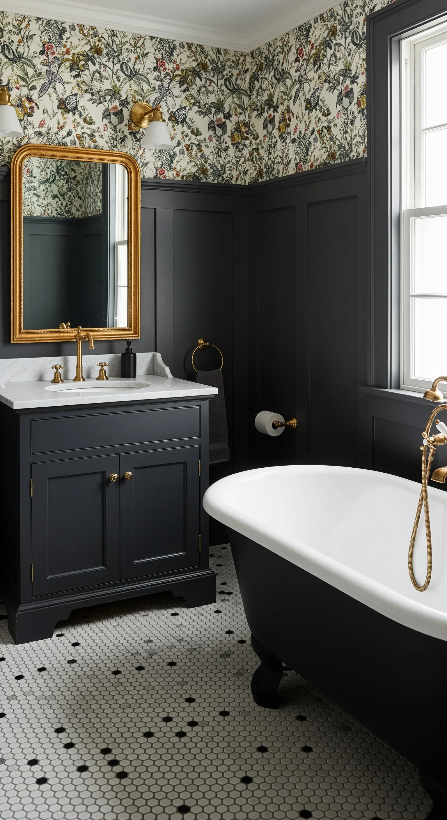 Klassisches Bad mit dunkler Holzvertäfelung und floraler Tapete darüber.