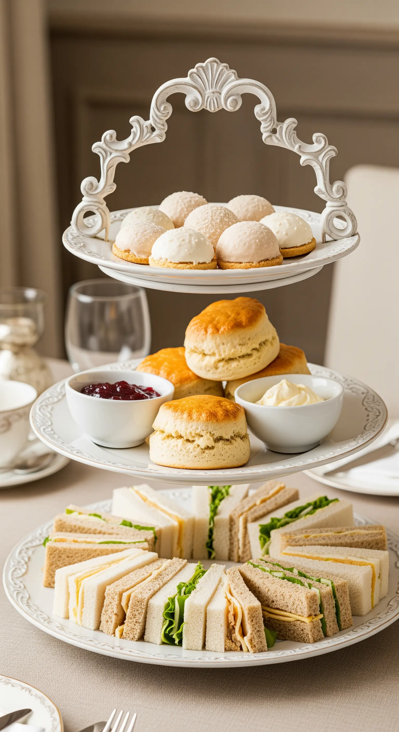 Klassische dreistöckige Porzellan-Etagere mit Sandwiches, Scones und Gebäck für den Afternoon Tea.