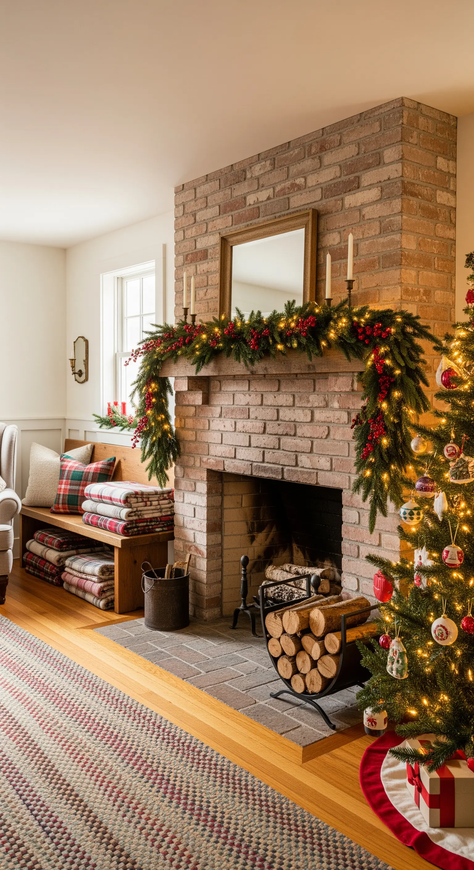 Ziegelkamin mit festlicher Girlande, Weihnachtsbaum und Holzbank mit Karodecken.