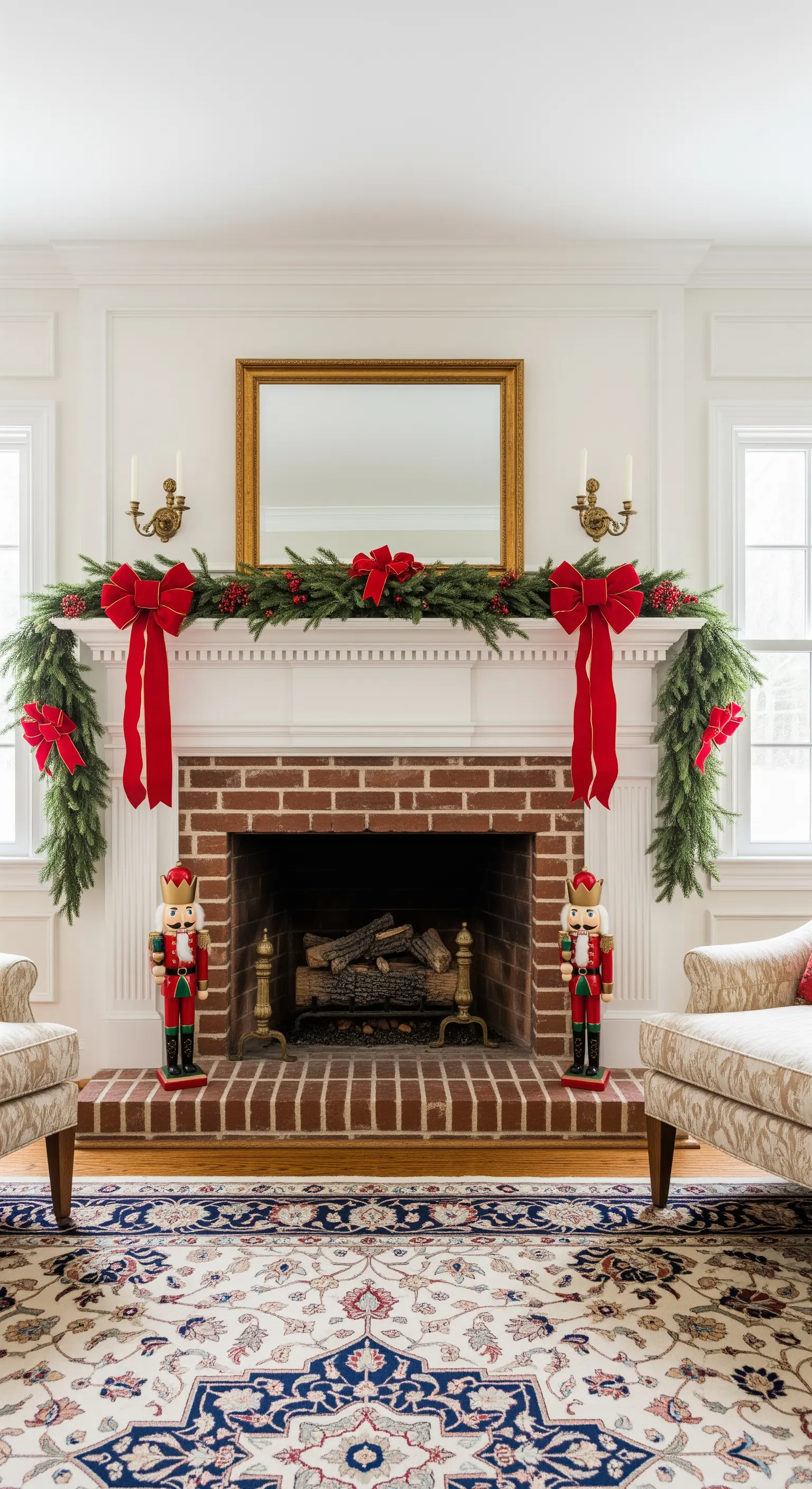 Backsteinkamin mit roter Schleifen-Girlande, Beeren und Nussknacker-Figuren