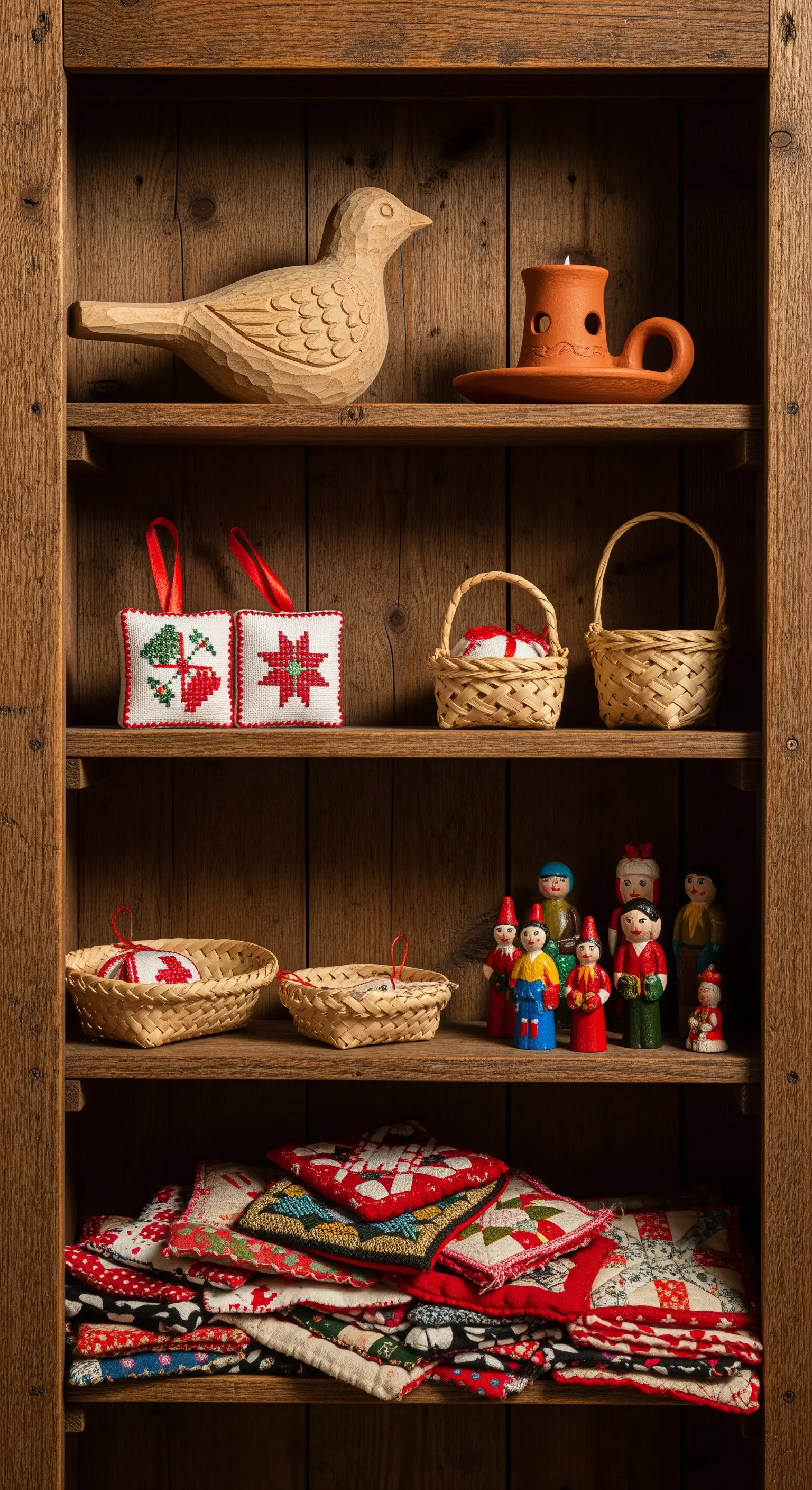 Holzregal mit handgeschnitzten Figuren, Stickereien und Patchwork-Stoffen