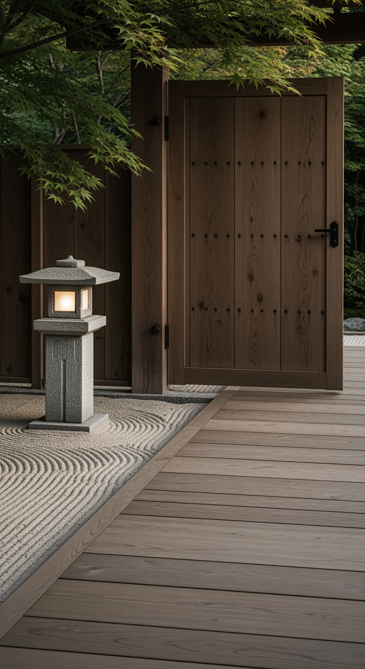 Japandi Steinlaterne am Holztor mit Sand und Holzweg