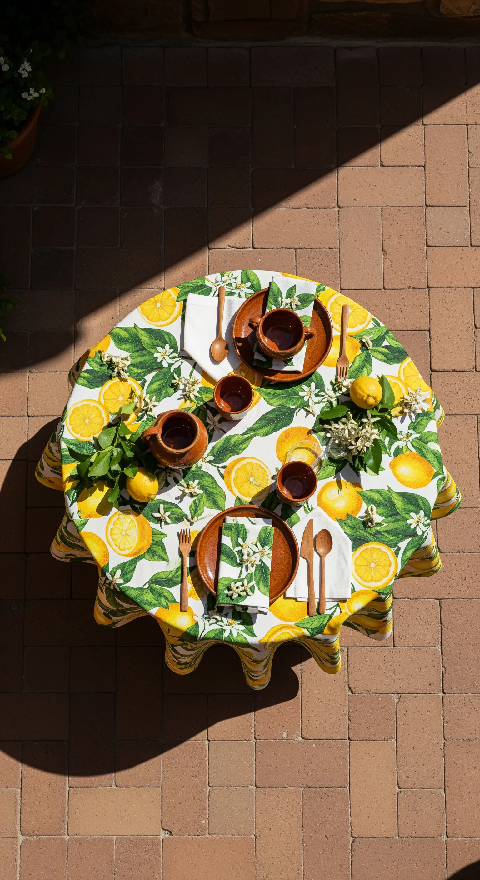 Runder Tisch mit Zitronenmuster-Tischdecke und Terrakotta-Geschirr