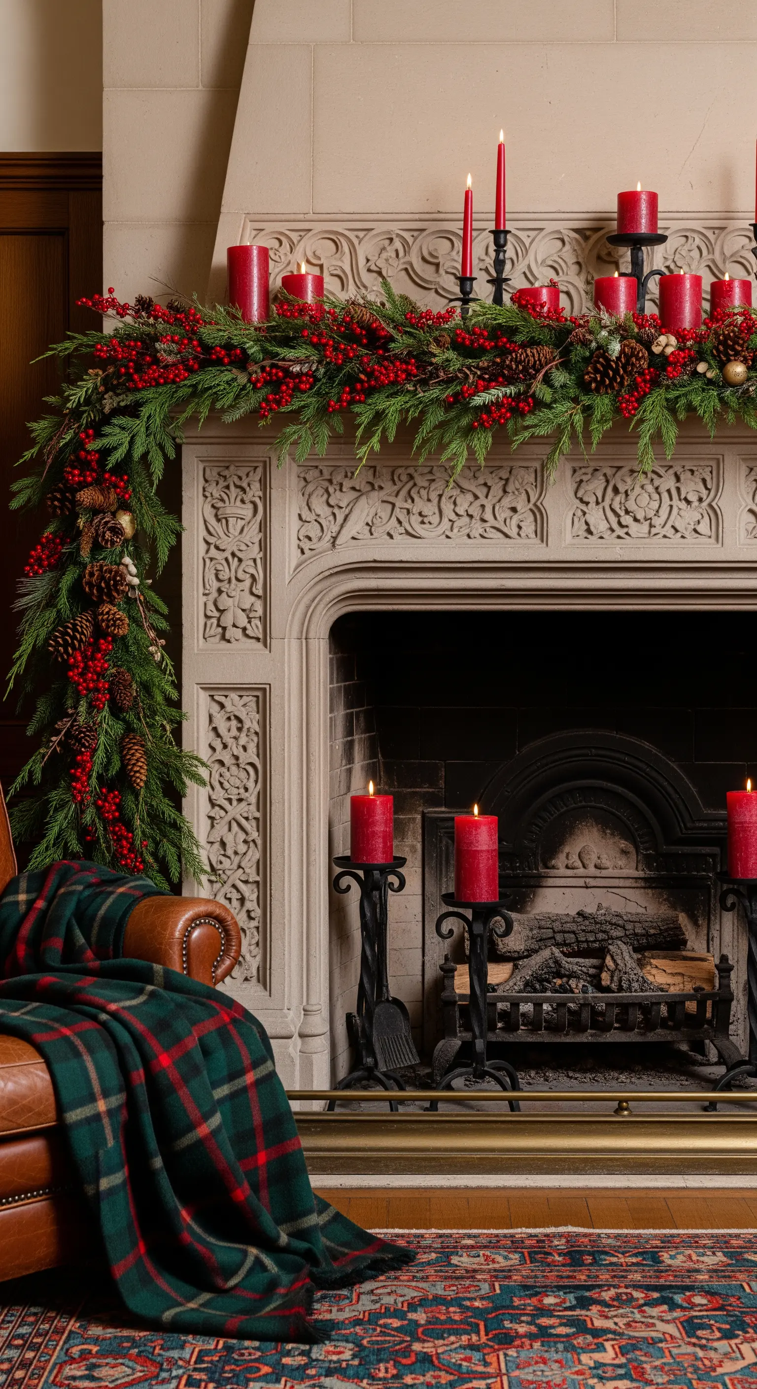 Opulente Weihnachtsgirlande mit roten Beeren und roten Kerzen auf einem Steinkamin.