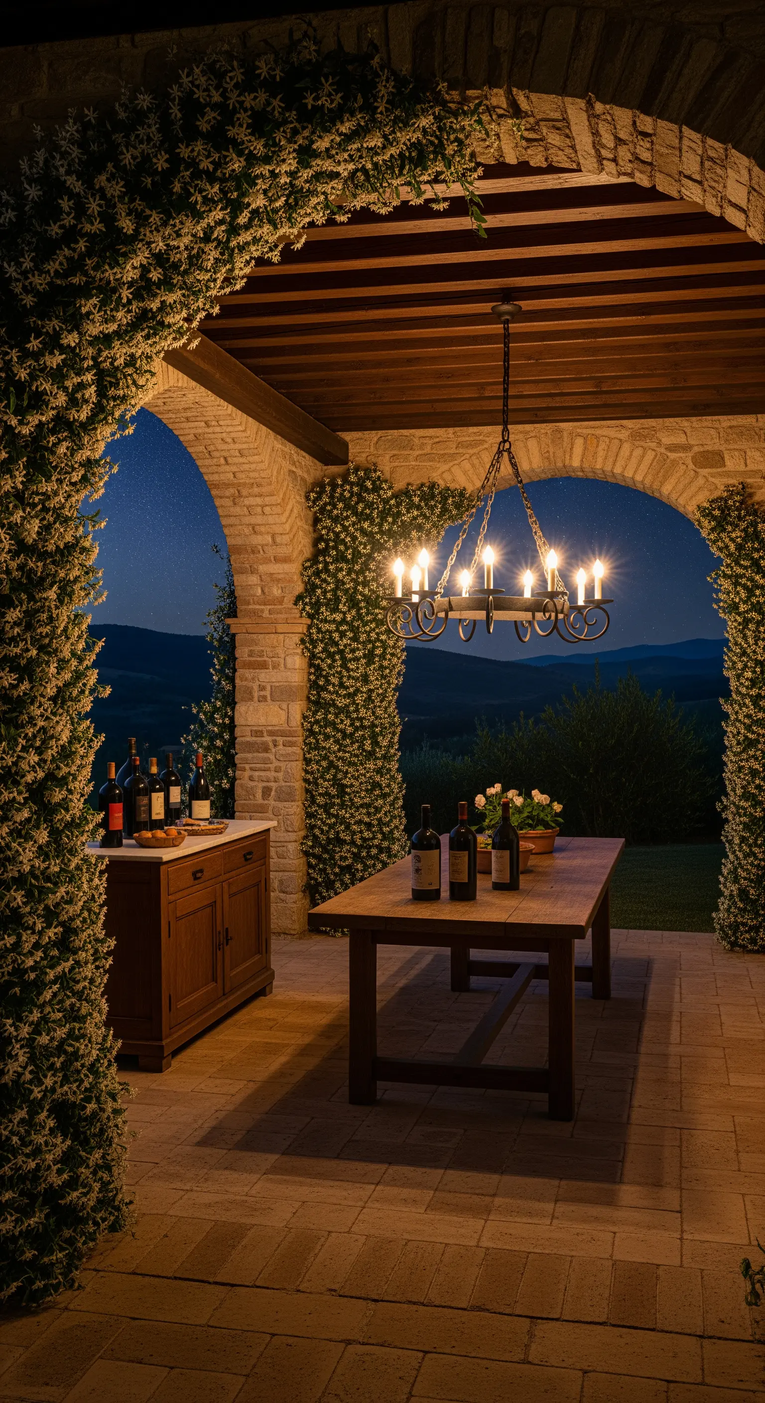 Arkadengang, Jasmin, Kronleuchter, Holztisch, Weinflaschen