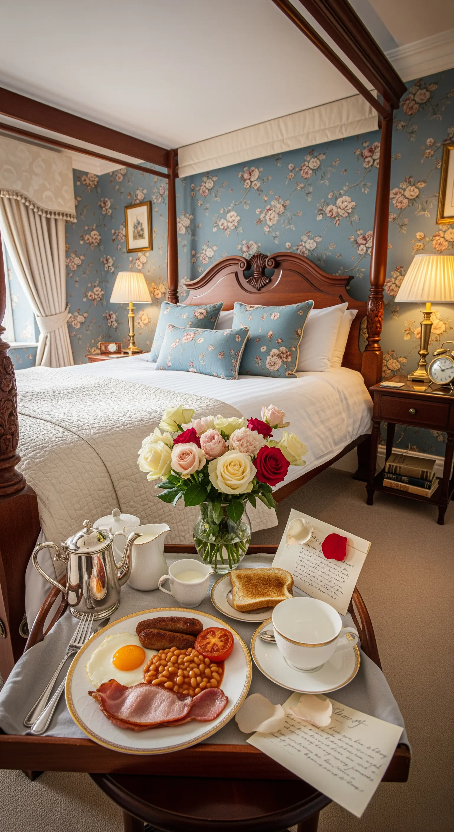 Traditionelles englisches Frühstück im Himmelbett mit floraler Tapete und Rosenstrauß