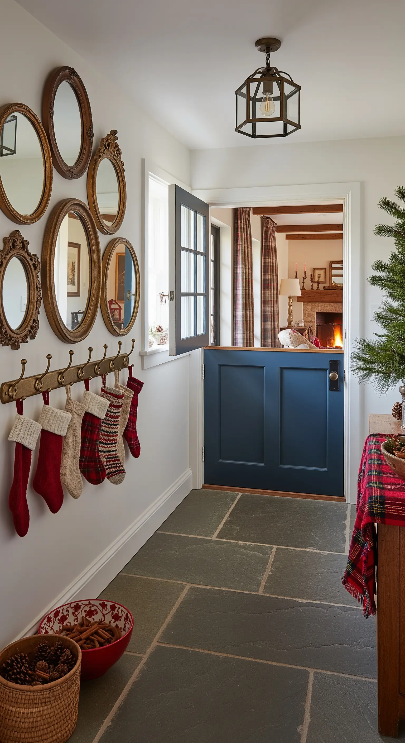 Farmhouse-Flur mit Spiegelgalerie, festlichen Strümpfen, halber Holztür und Karomuster