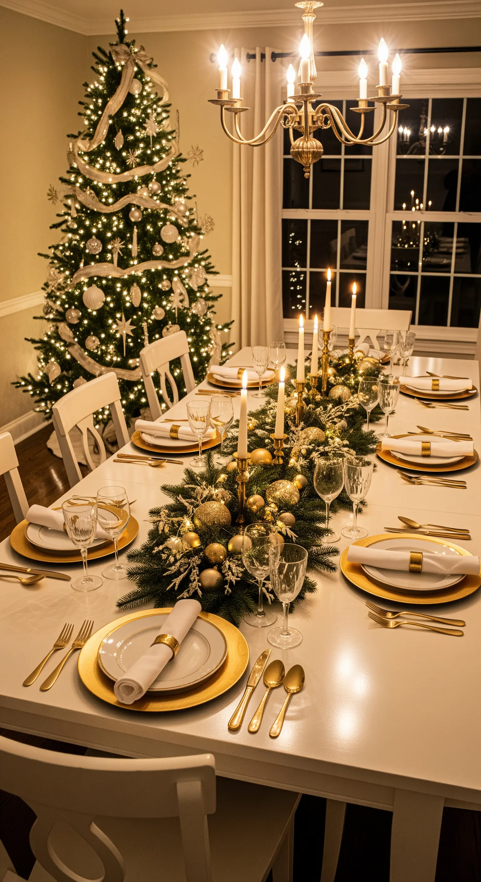 Traditionelle Weihnachtstafel mit immergrüner Girlande, goldenen Kugeln und Kerzen