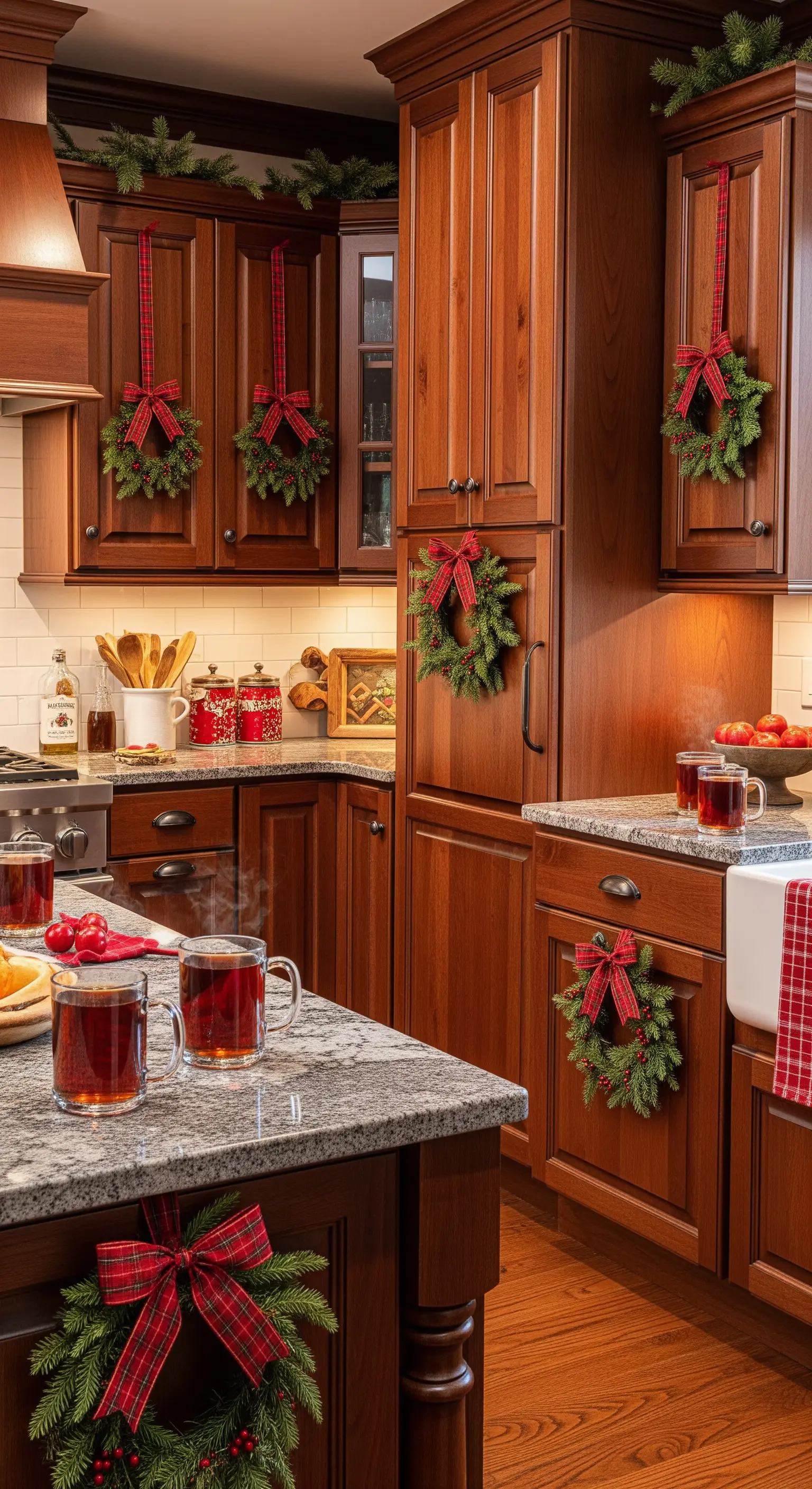 Warme Holzküche mit roten Kränzen an den Schranktüren und festlichen Tassen