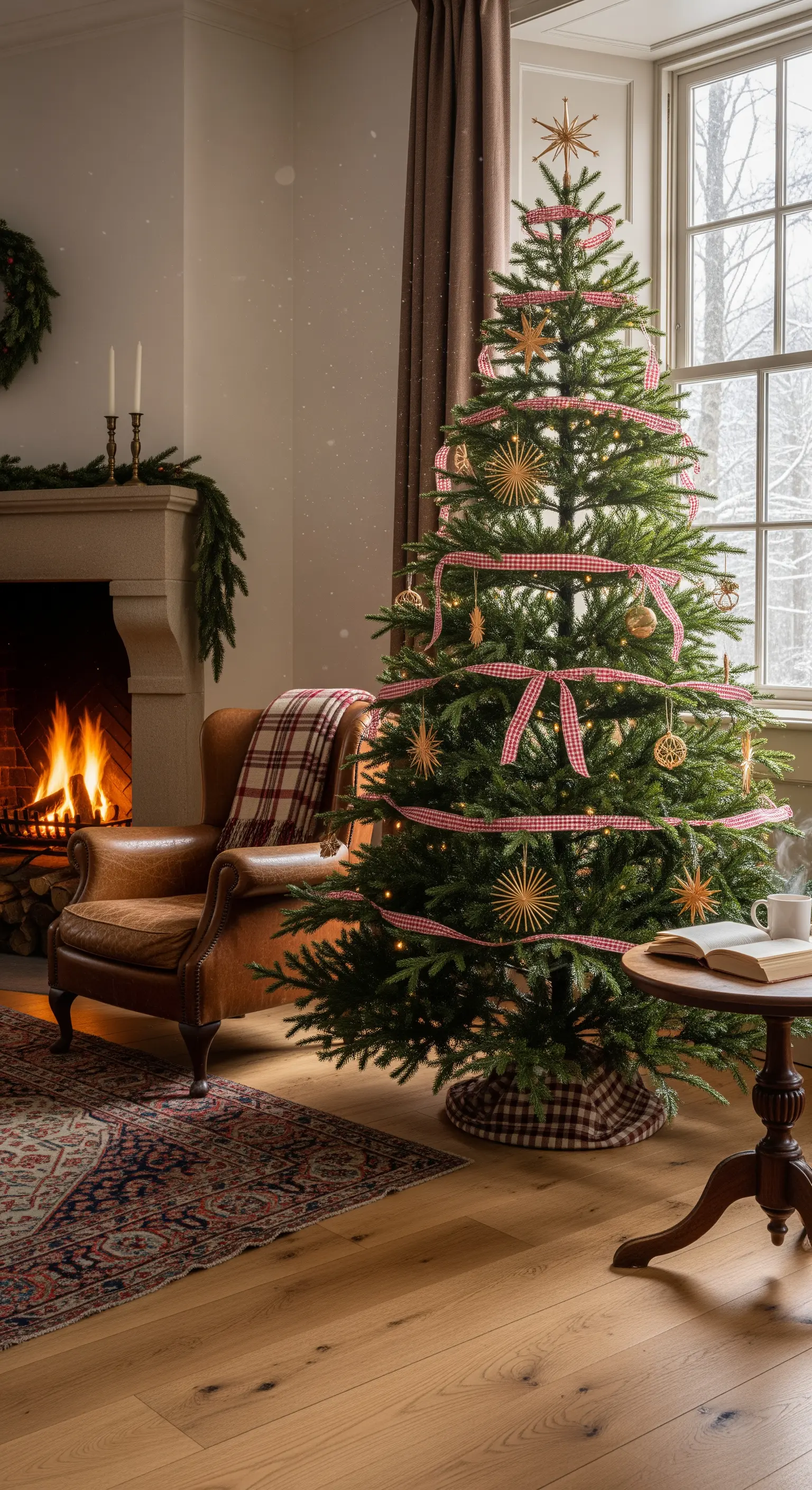 Weihnachtsbaum mit rot-weiß kariertem Band, Holzsternen, goldenen Kugeln und Lederstuhl.