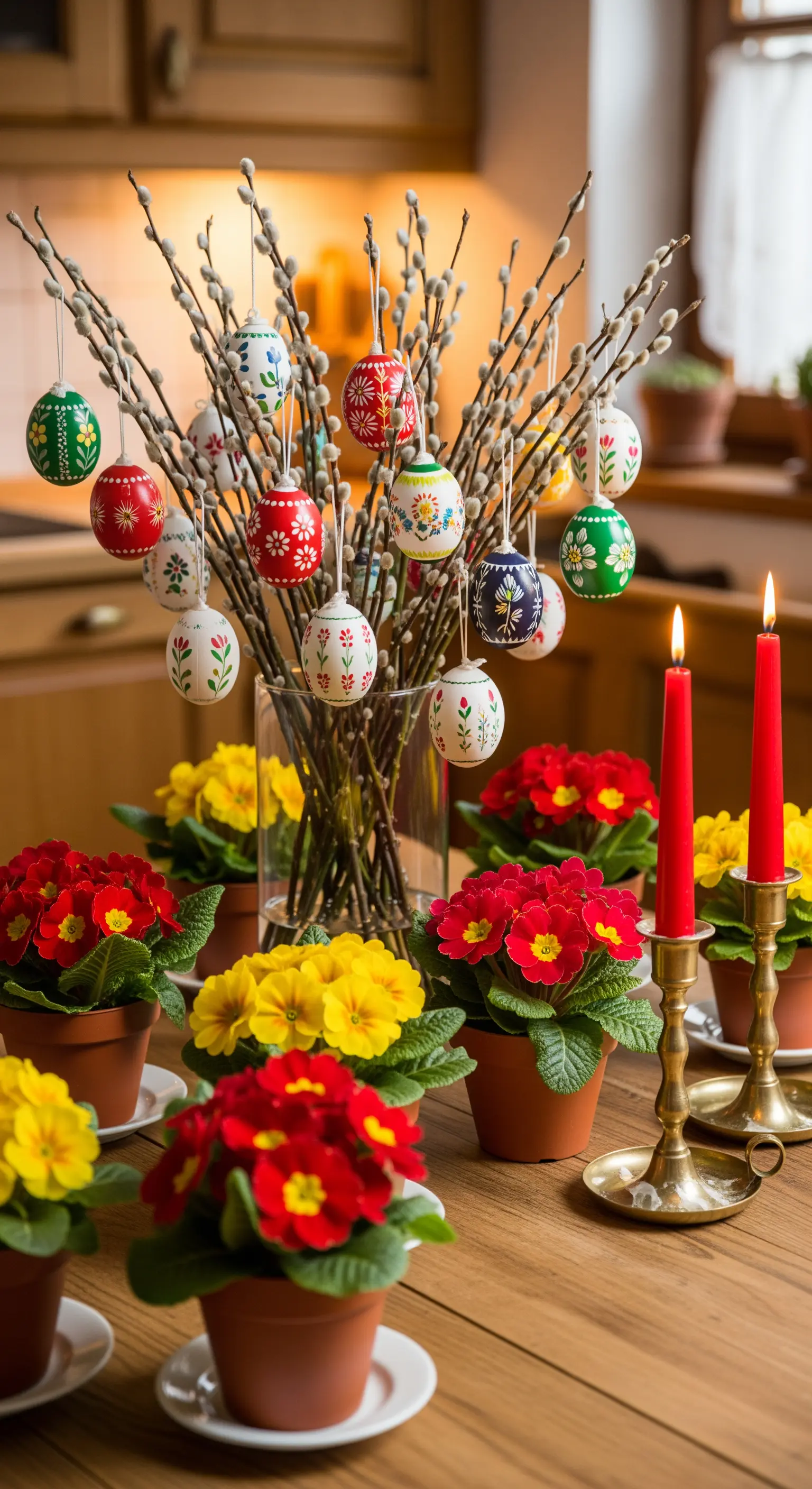 Klassische Osterdeko: Weidenkätzchen, bemalte Eier und farbige Primeln