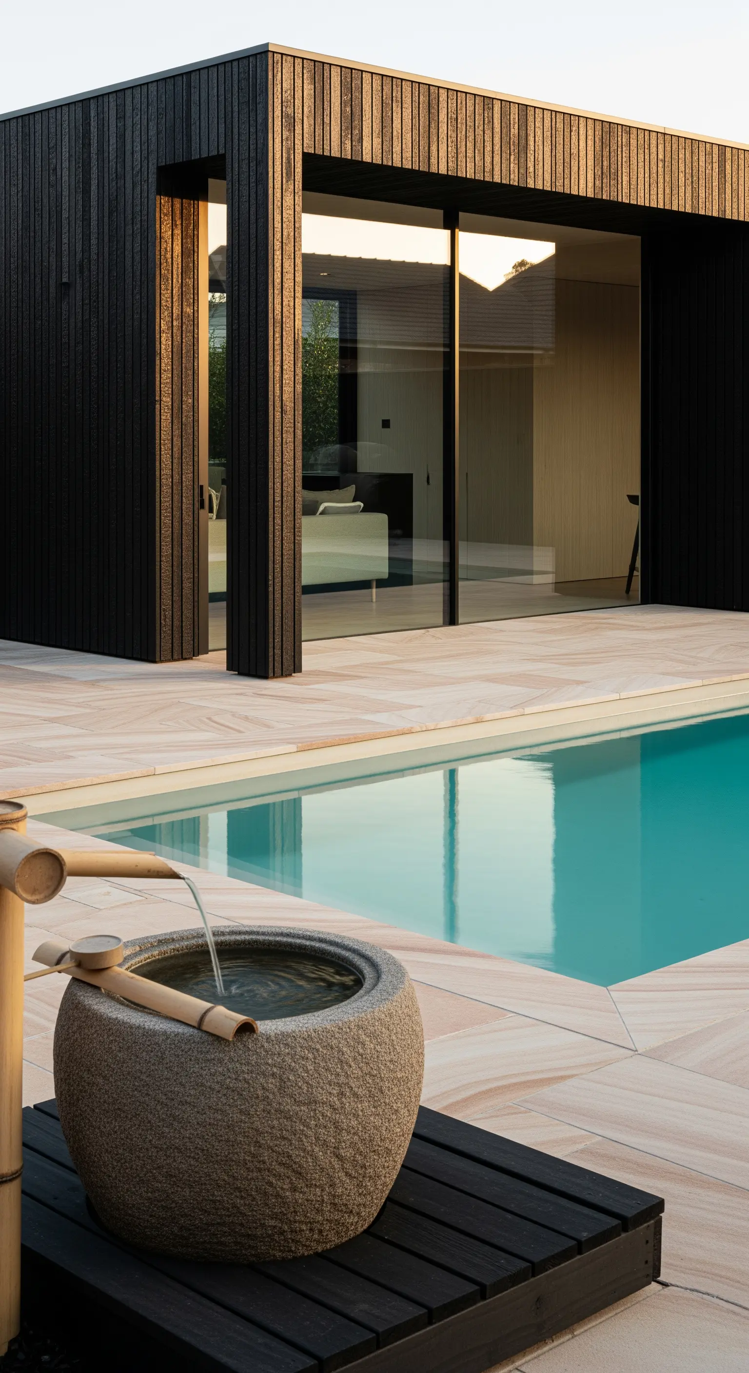 Japanisches Bambus-Wasserspiel mit Steinbecken auf Holzplattform neben Pool