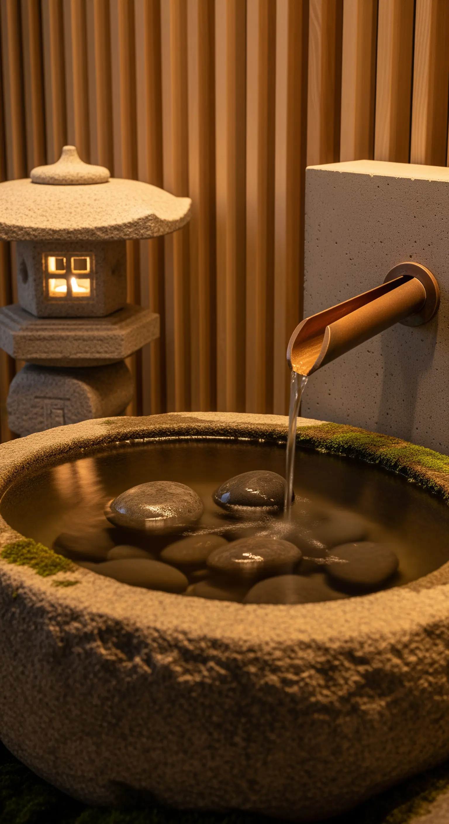 Traditionelle Steinlaterne, Bambus-Wasserspeier und Steinbecken mit Kies