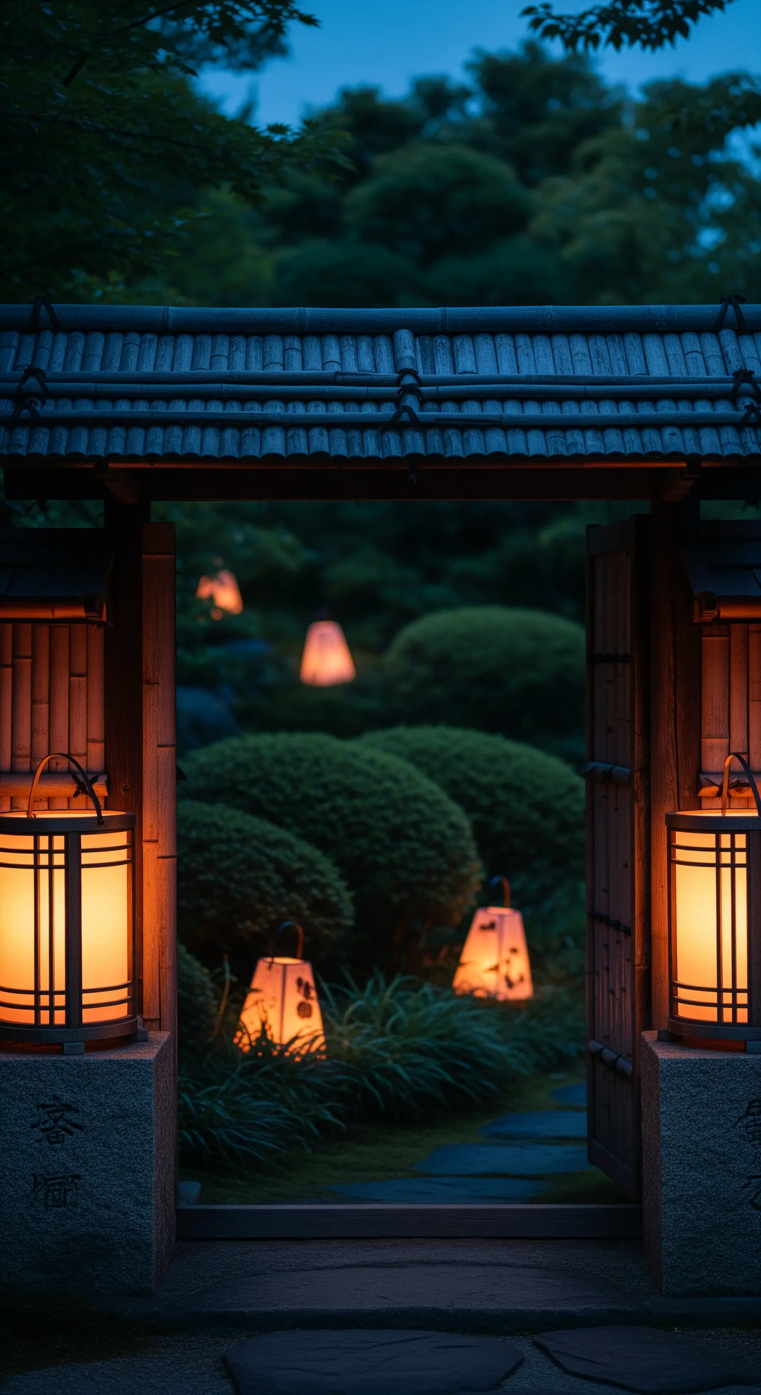 Traditionelles Holztor mit seitlichen Laternen und beleuchtetem Gartenpfad