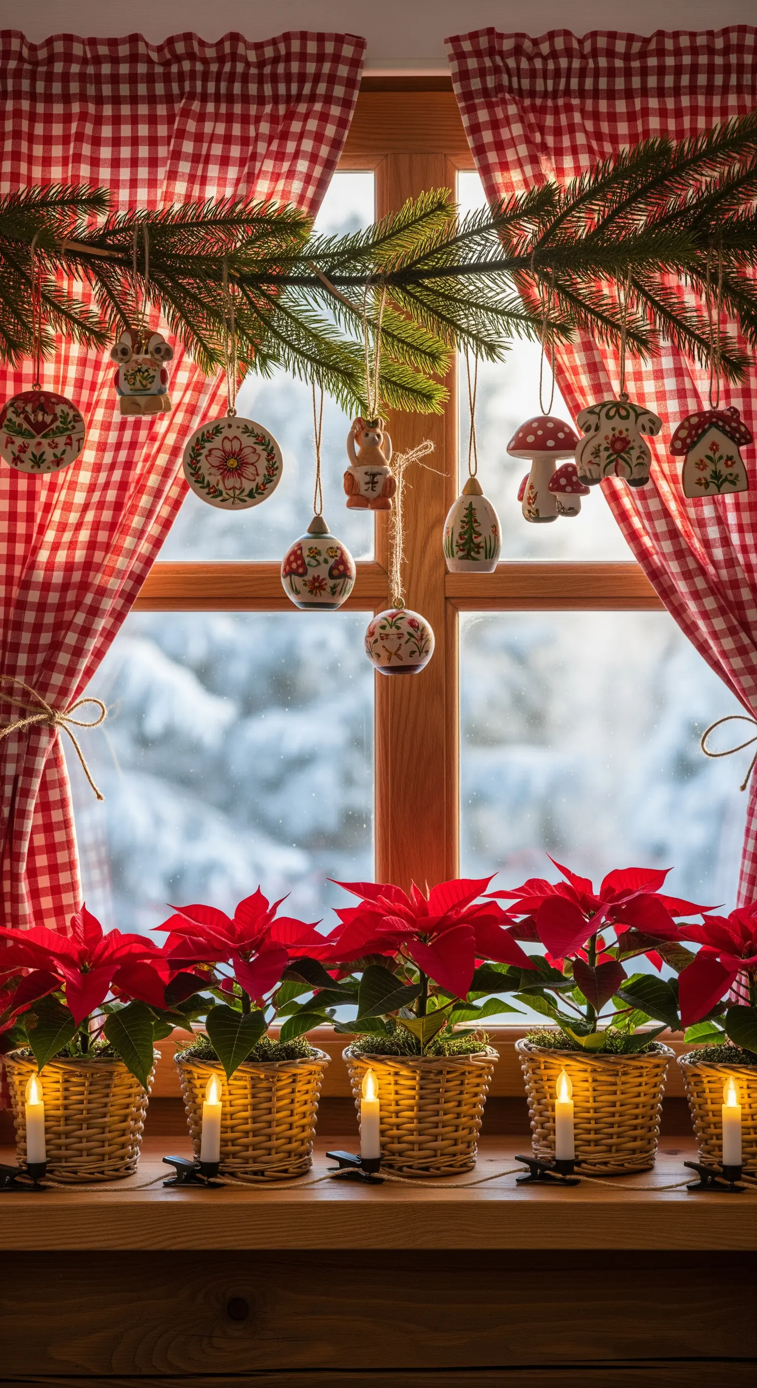 Fenster mit rot-weiß karierten Gardinen, Tannenzweig mit Holzornamenten, Weihnachtssterne in Körben mit Kerzen