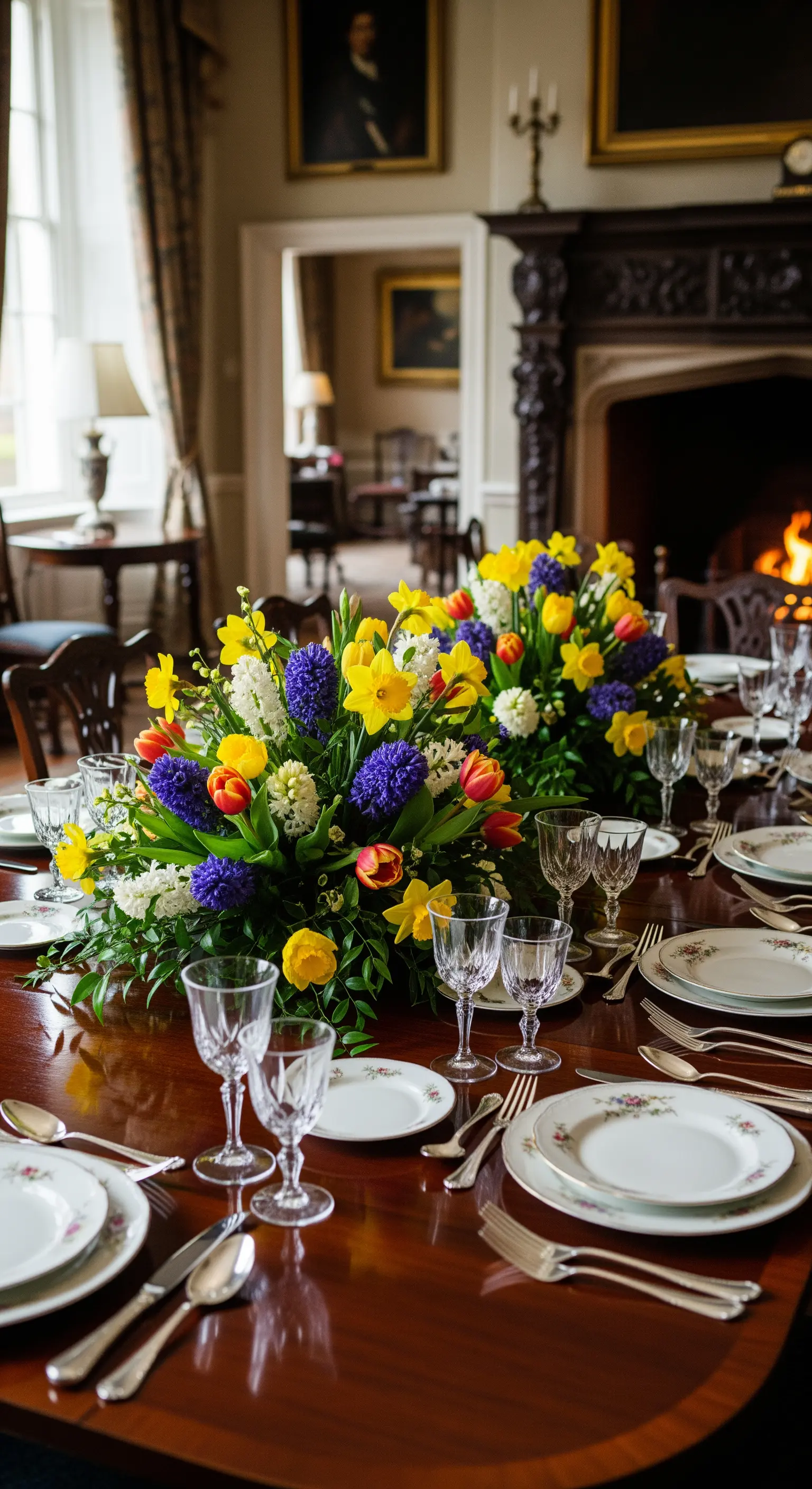 Traditionelle Ostertafel mit Frühlingsblumen-Arrangements und klassischem Geschirr