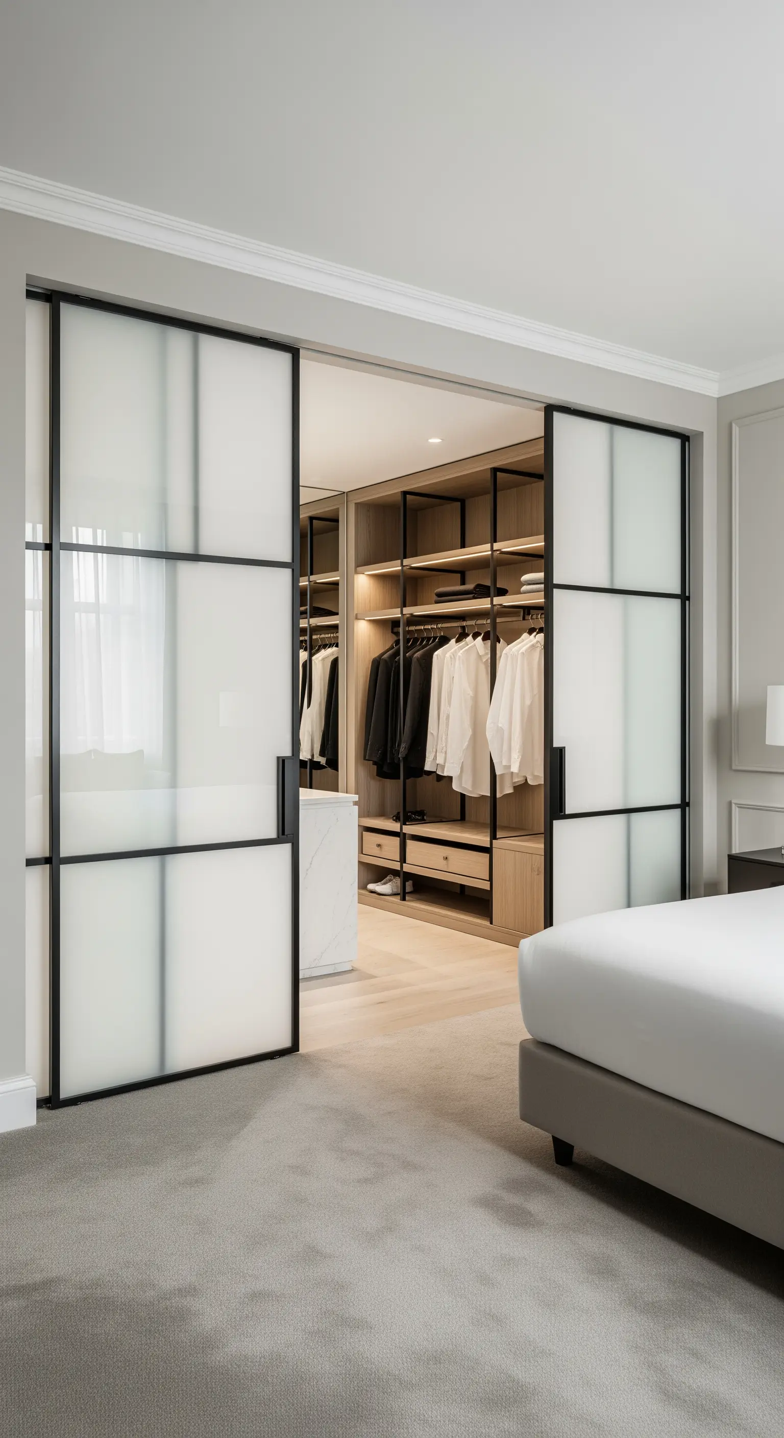 Schlafzimmer mit mattierten Glasschiebetüren, die zu einem begehbaren Kleiderschrank führen.