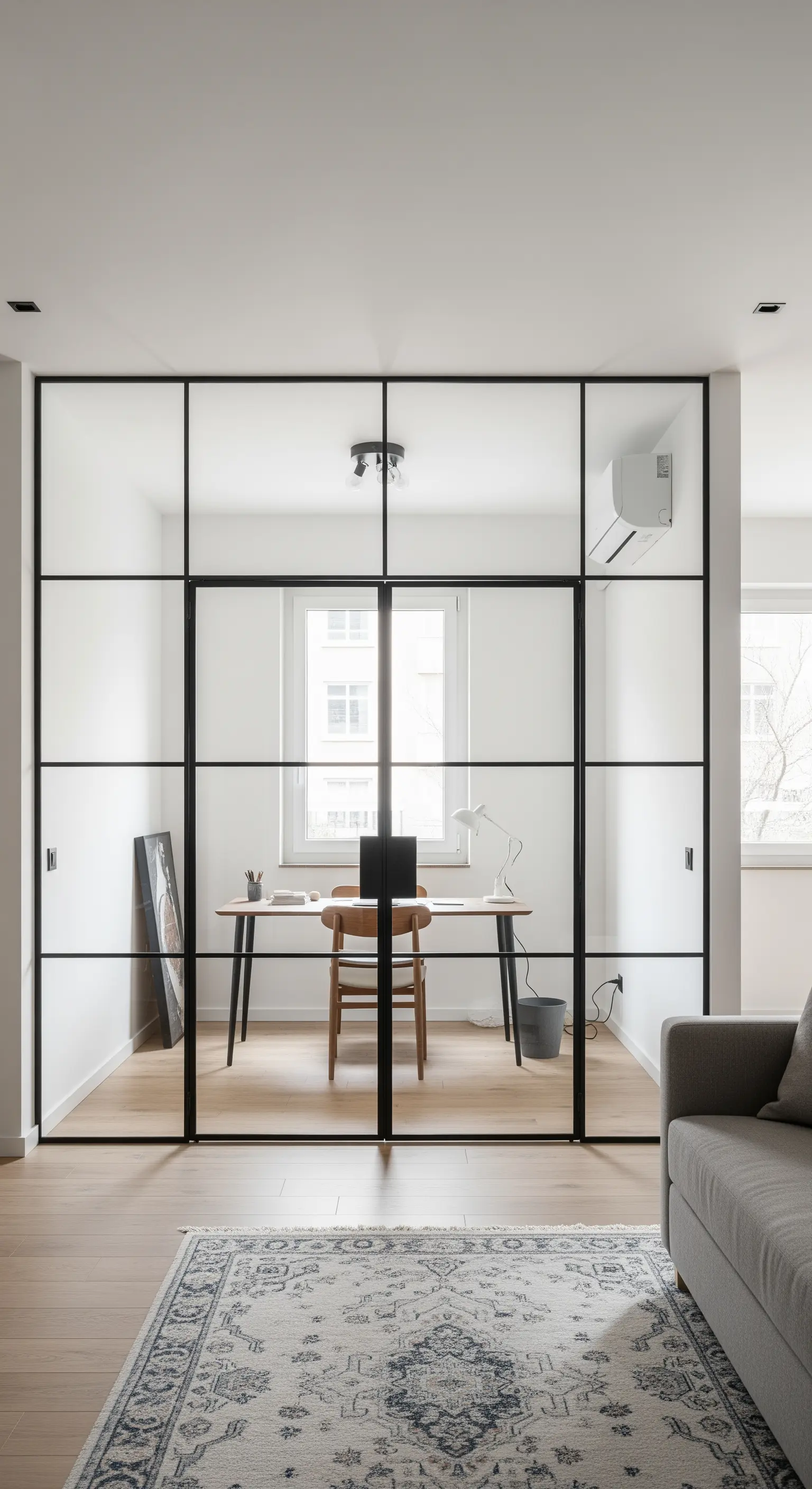 Homeoffice abgetrennt durch eine moderne Glaswand mit schwarzen Metallrahmen.