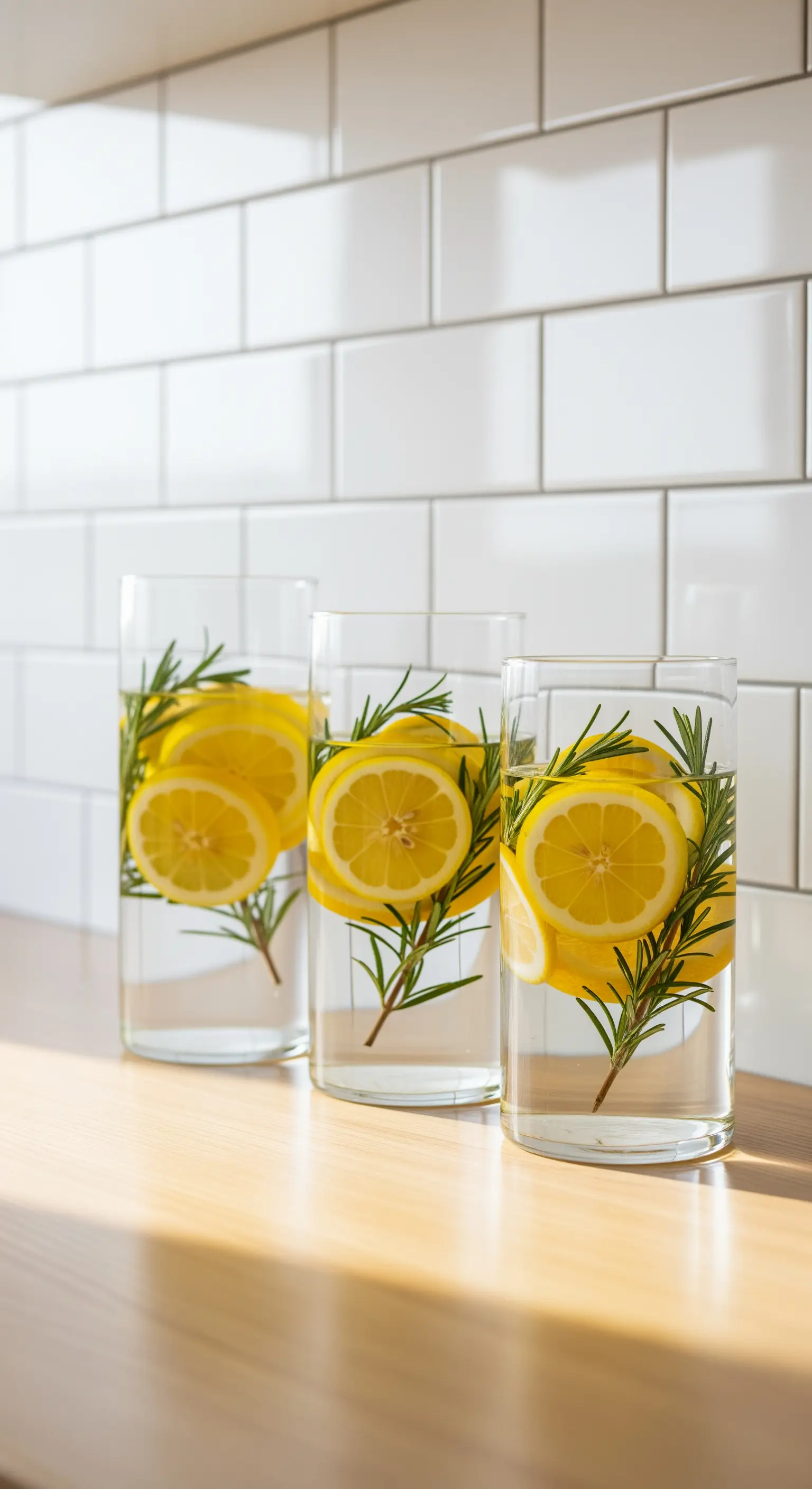 Glasvasen mit Zitronen und Rosmarin