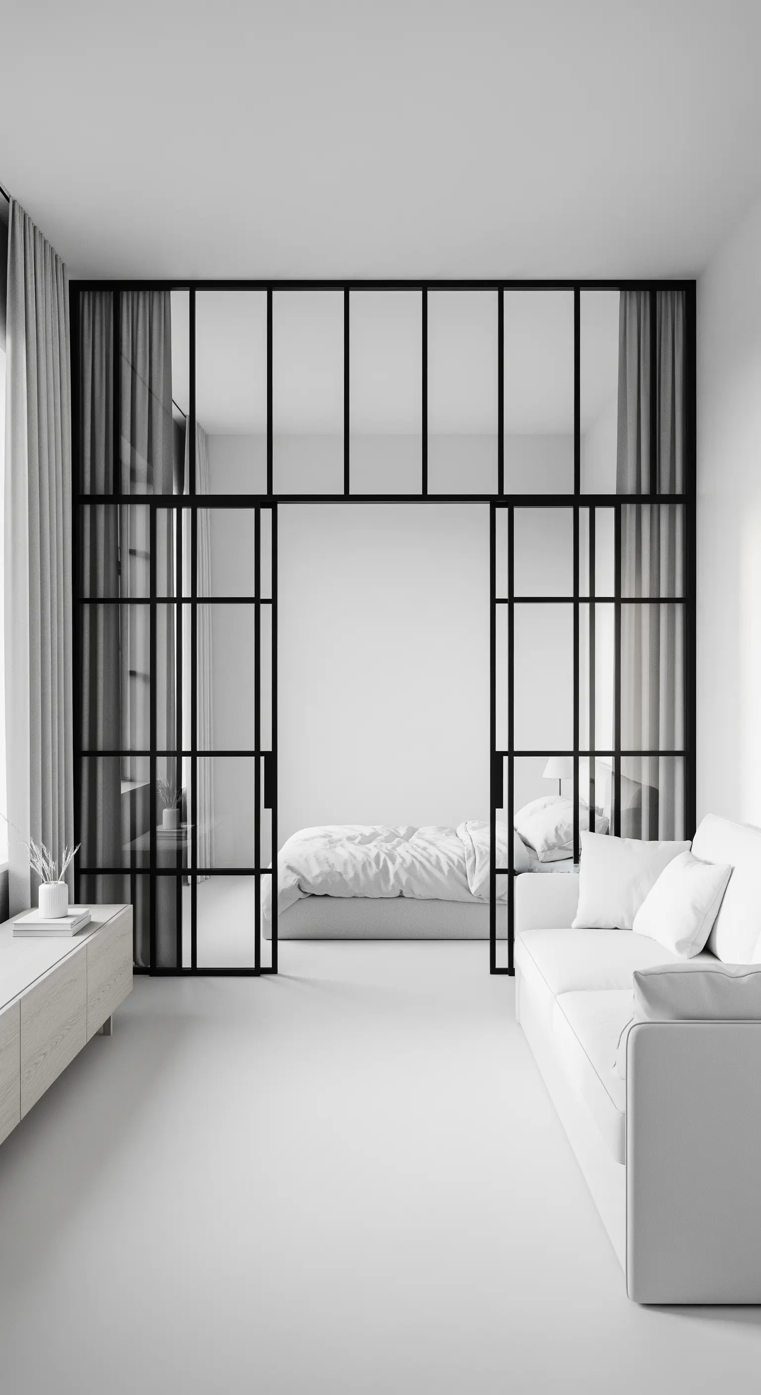 Minimalistisches Studio-Apartment mit schwarzer Glaswand als Raumtrenner