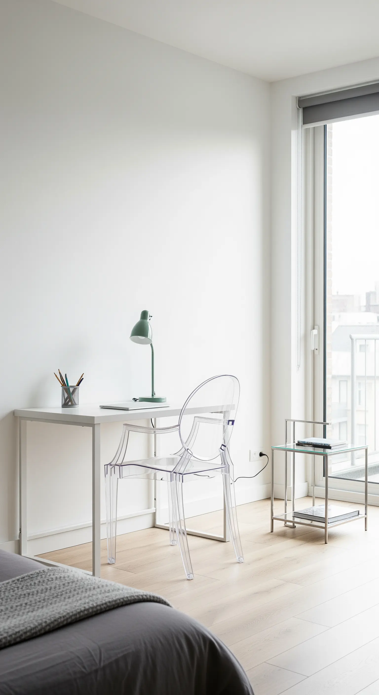 Durchsichtiger Acrylstuhl an einem weißen, minimalistischen Schreibtisch in einem hellen Raum.