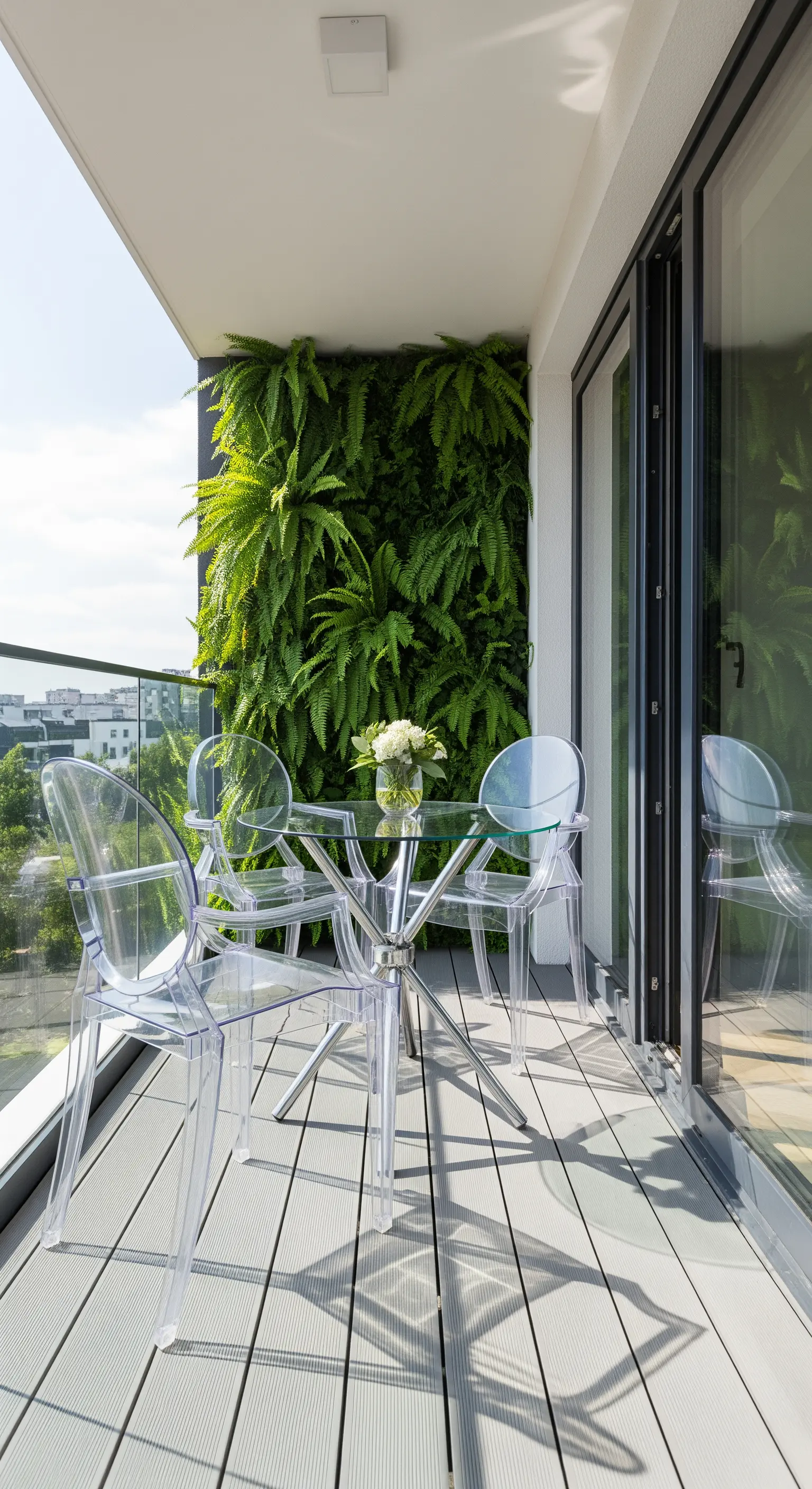 Transparente Stühle vor einer üppigen vertikalen Pflanzenwand