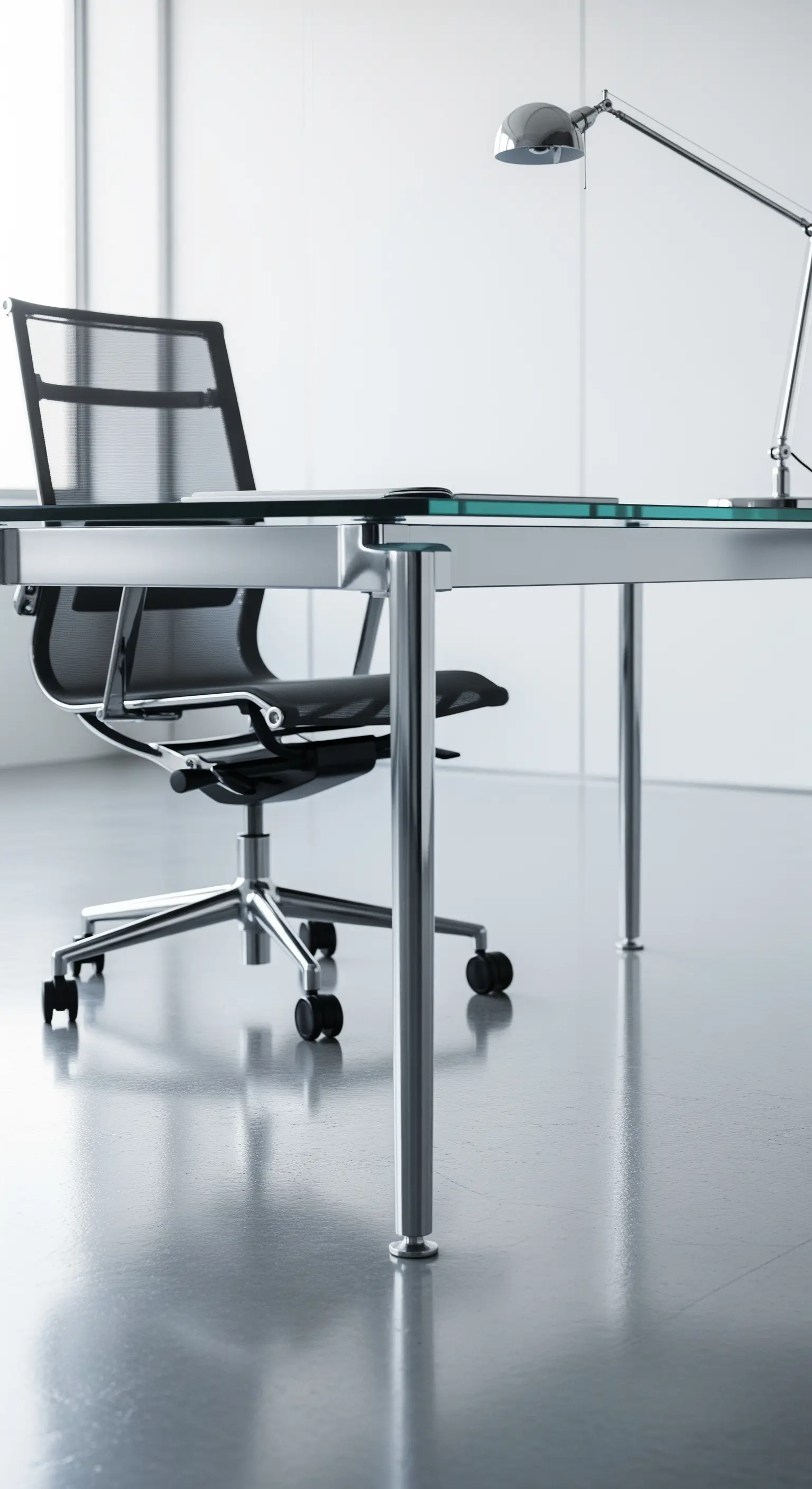 Detailansicht eines Schreibtisches mit Glasplatte und Chrombeinen in einem hellen Büro.