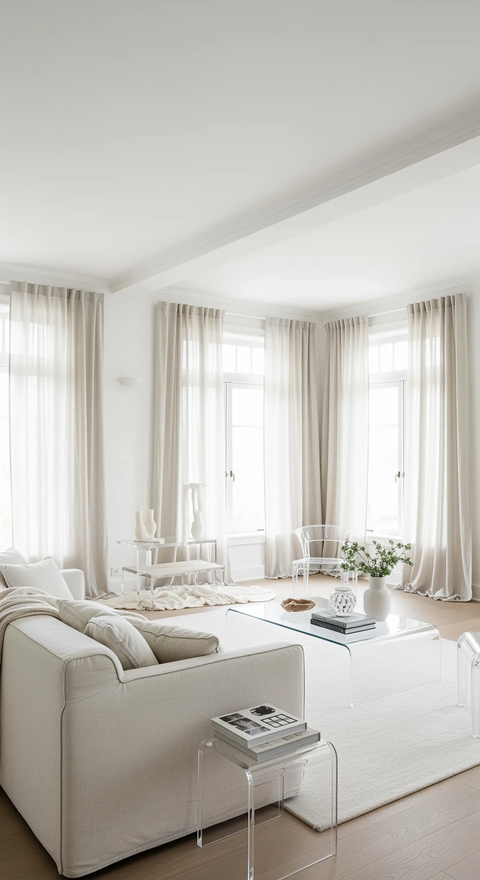 Helles Wohnzimmer mit weißen Möbeln und transparenten Acrylglas-Tischen für eine luftige Optik.