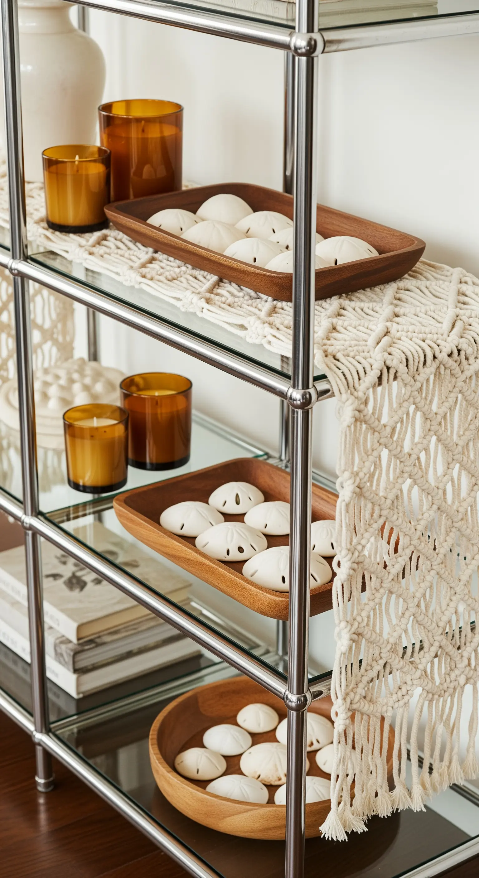 Glas-Chrom-Regal mit Sanddollars in Holzschalen, Makramee-Läufer und Kerzen.