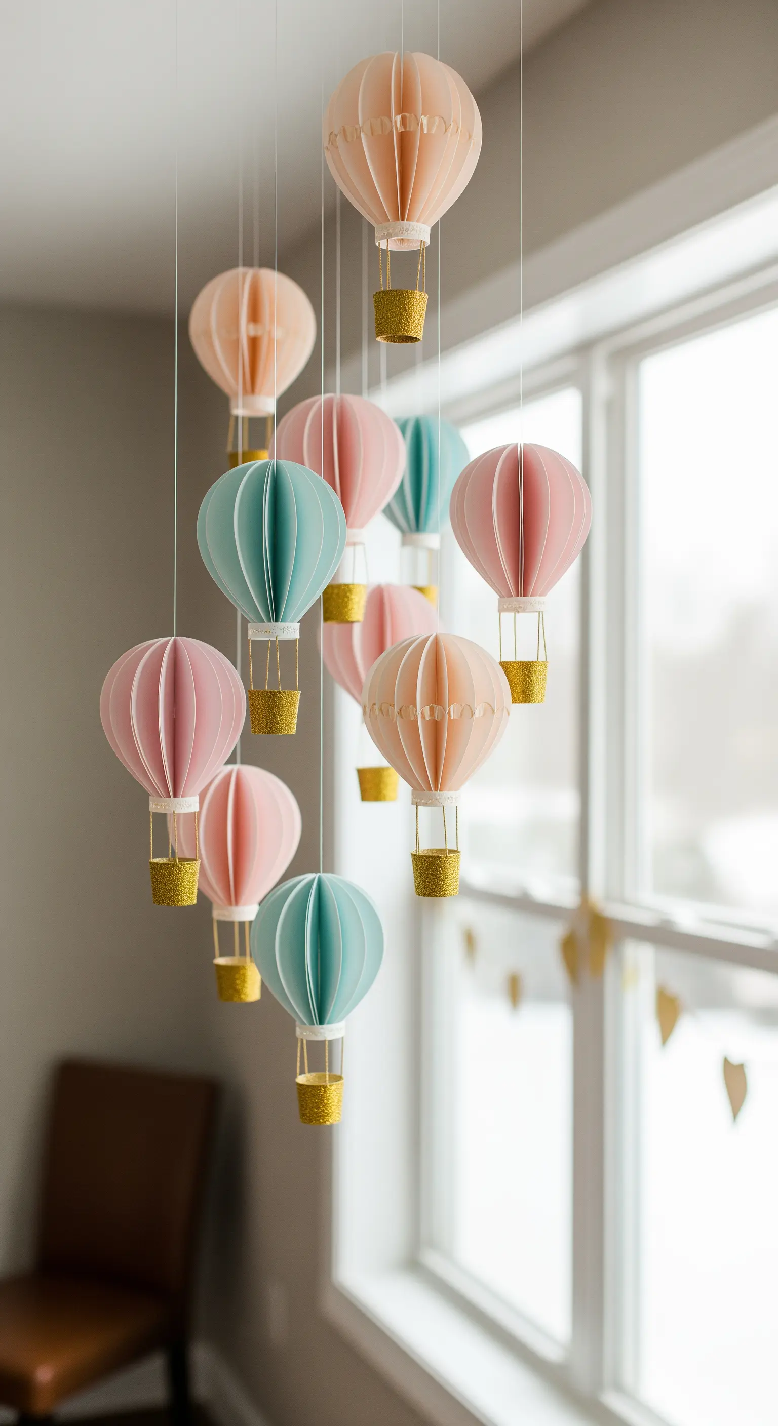 Ein Mobile aus handgefertigten Heißluftballons aus Papier in Pastellfarben.