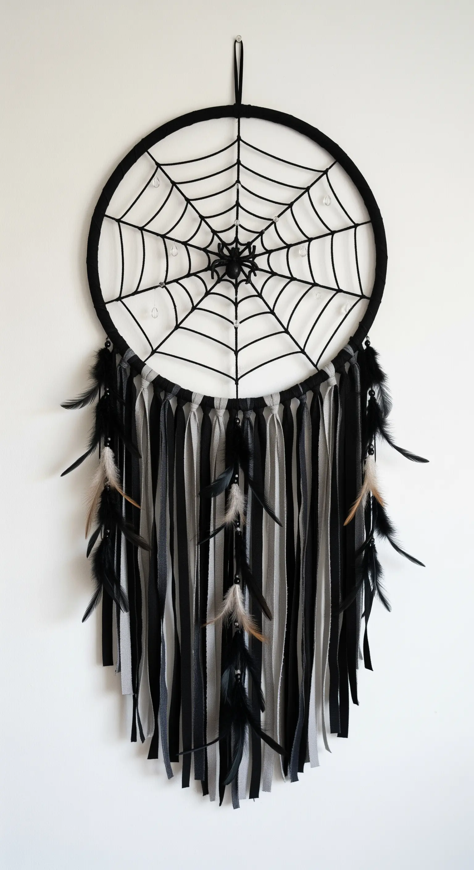 Ein handgemachter Traumfänger in Form eines Spinnennetzes mit schwarz-weißen Bändern.