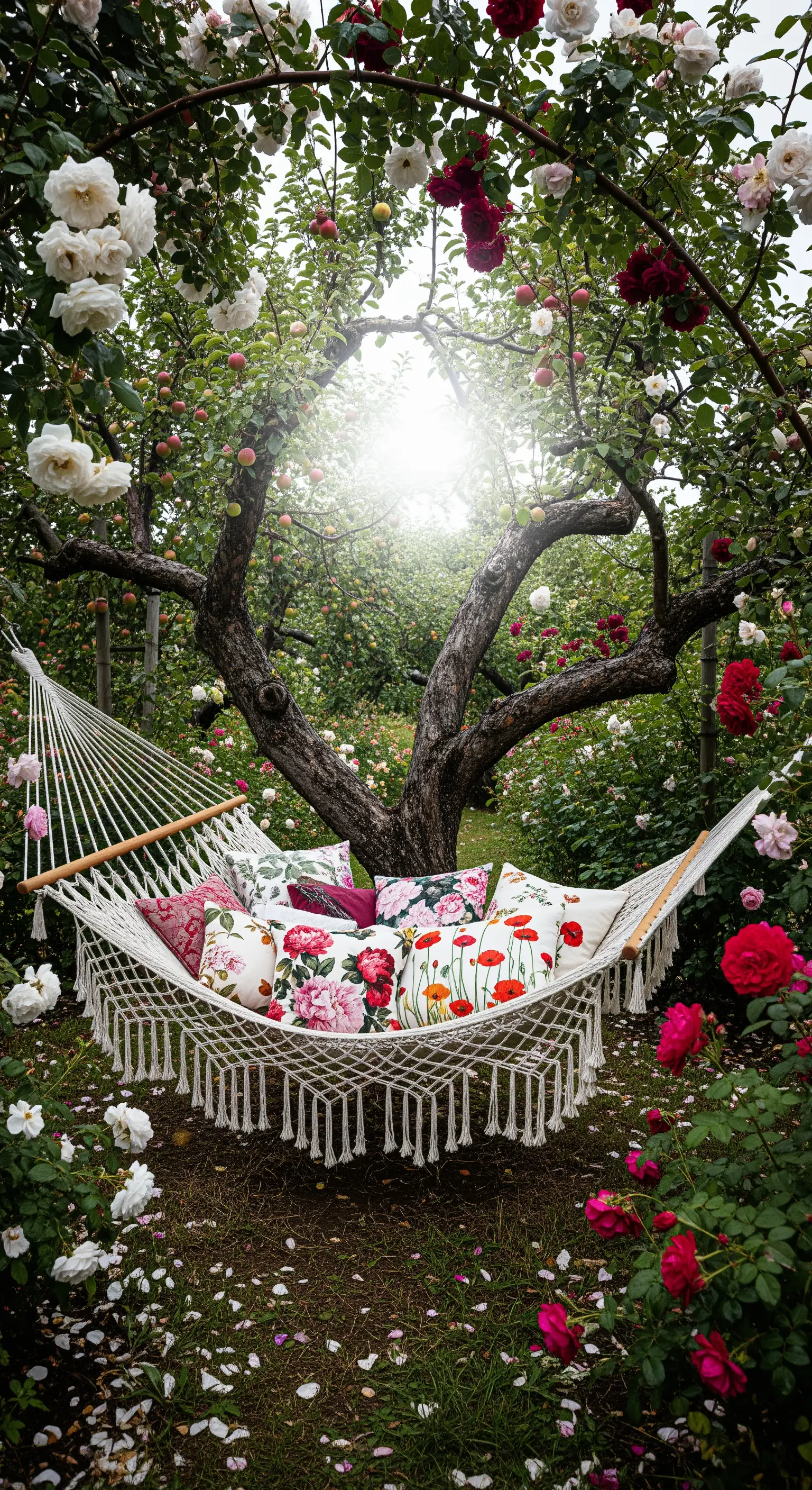 Hängematte mit Blumenkissen unter Apfelbaum, umgeben von Rosen.