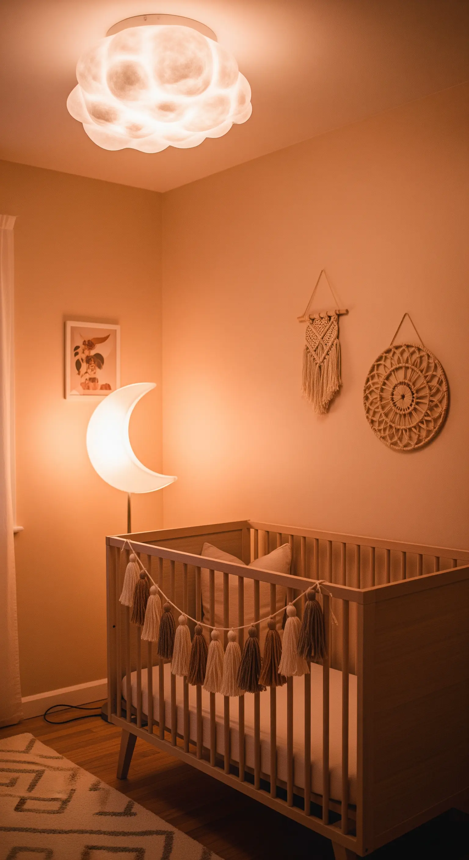Ein gemütliches Babyzimmer mit einer Wolkenlampe an der Decke und einer mondförmigen Stehlampe am Bett.