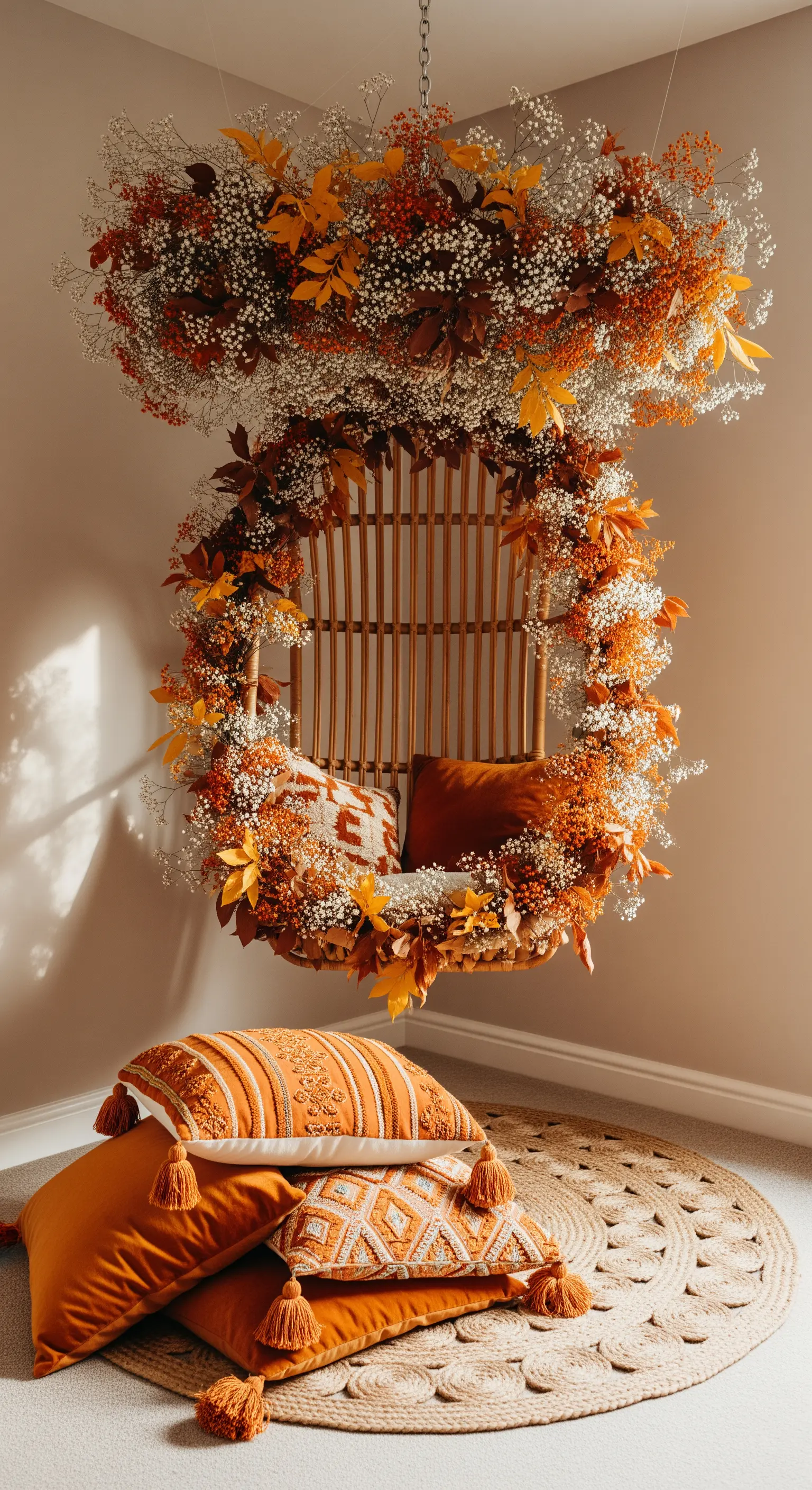 Hängesessel aus Rattan, reich mit Herbstlaub und weißen Blüten dekoriert.