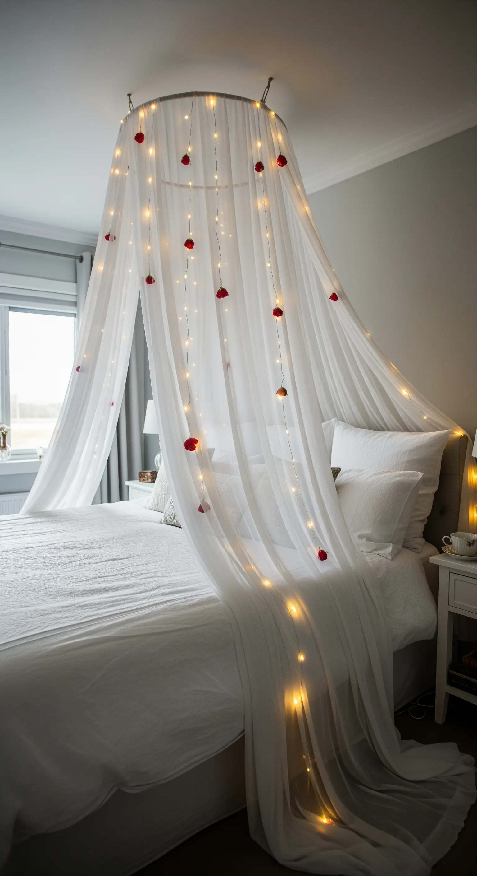 Ein Betthimmel aus weißem Stoff und Lichterketten, dekoriert mit kleinen roten Rosen.