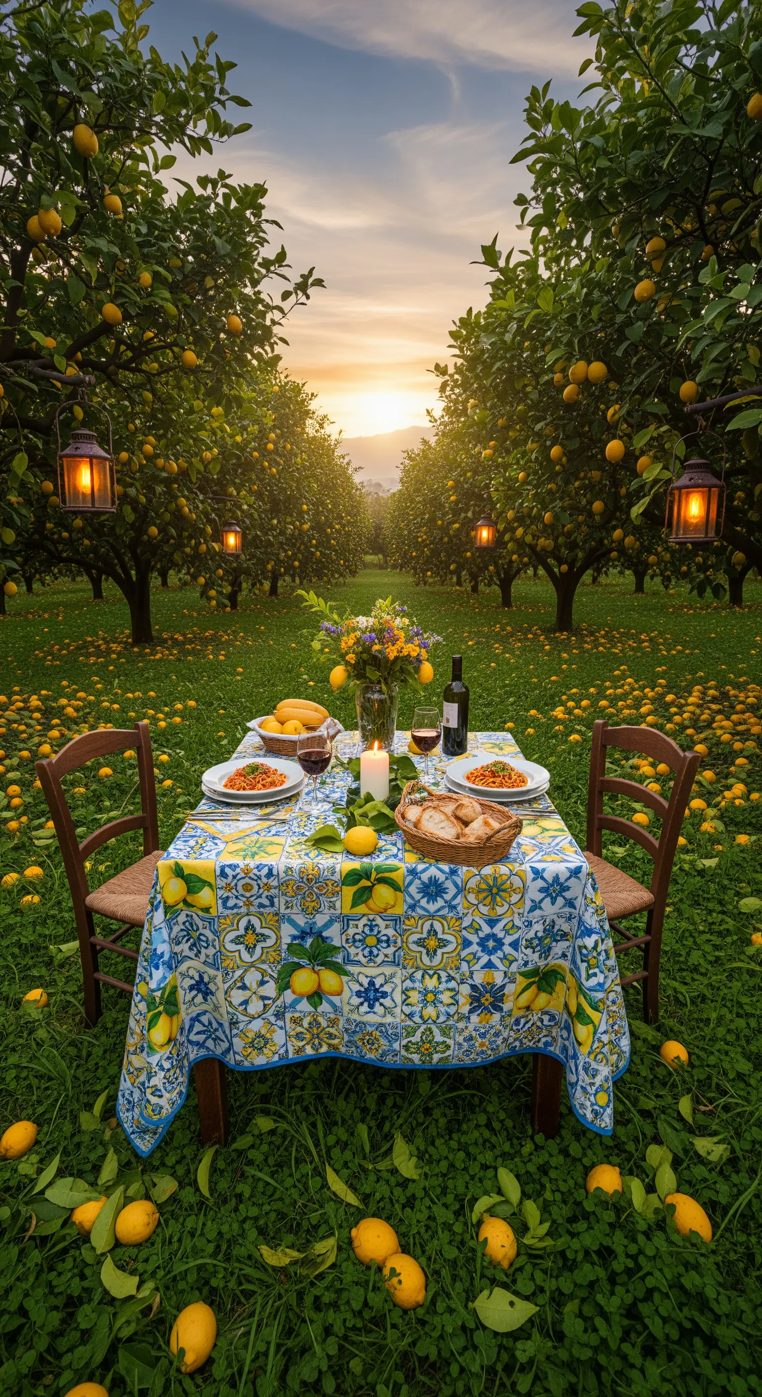 Tisch im Zitronenhain mit gemusterter Tischdecke und Laternen bei Sonnenuntergang