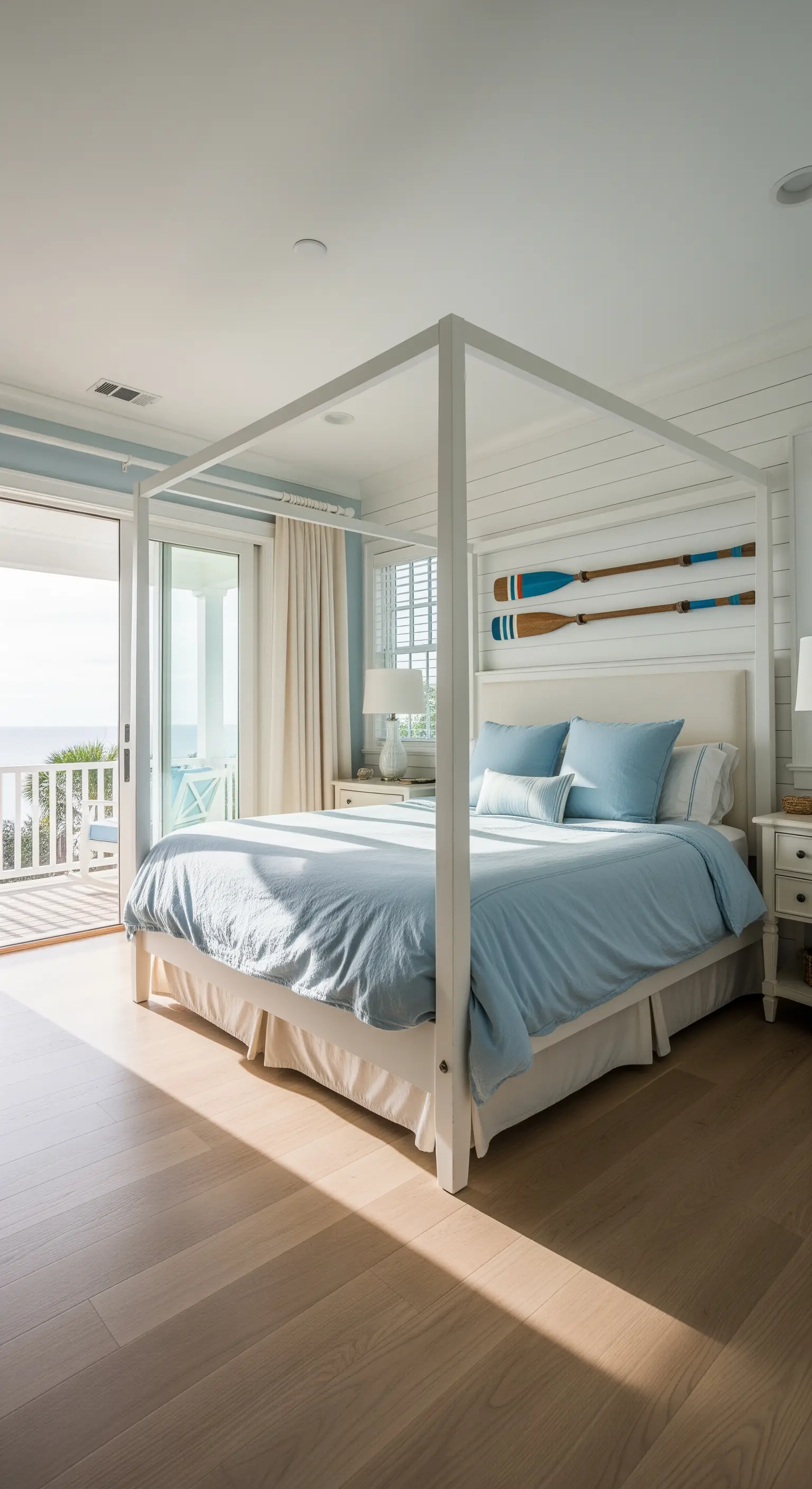 Helles Schlafzimmer mit Himmelsbett, blauer Bettwäsche und Paddel-Wanddeko